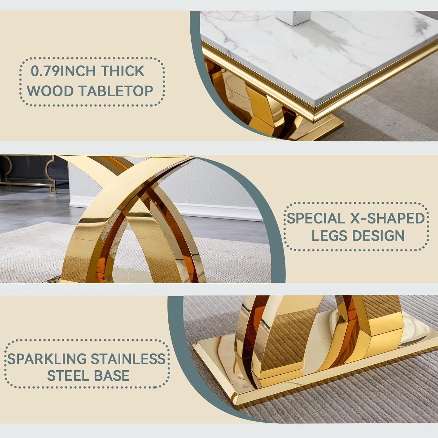 Faux Marble Living Room Table,Modern Marble Coffee Table,47 inch Center Table with Mirror Stainless Steel Frame for Living Room (White Gold Coffee Table)