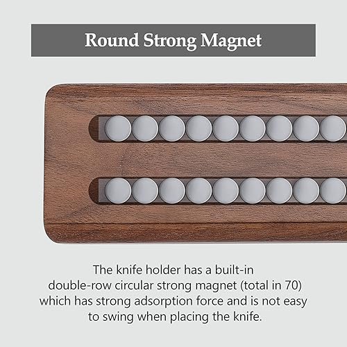 Miniatura 3 de XINZUO Tiras magnéticas para cuchillos de madera de nogal de 16 pulgadas, imanes redondos de doble fila, soporte magnético para cuchillos para