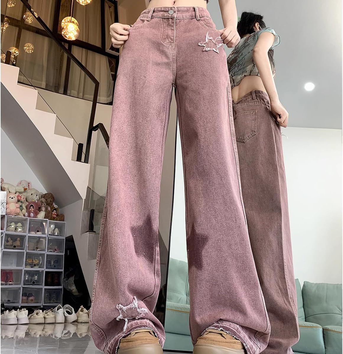 Y2K Casual High Waisted Straight Leg Jeans Womens Fashion Vintage Star Printed Fringe Baggy Denim Pants