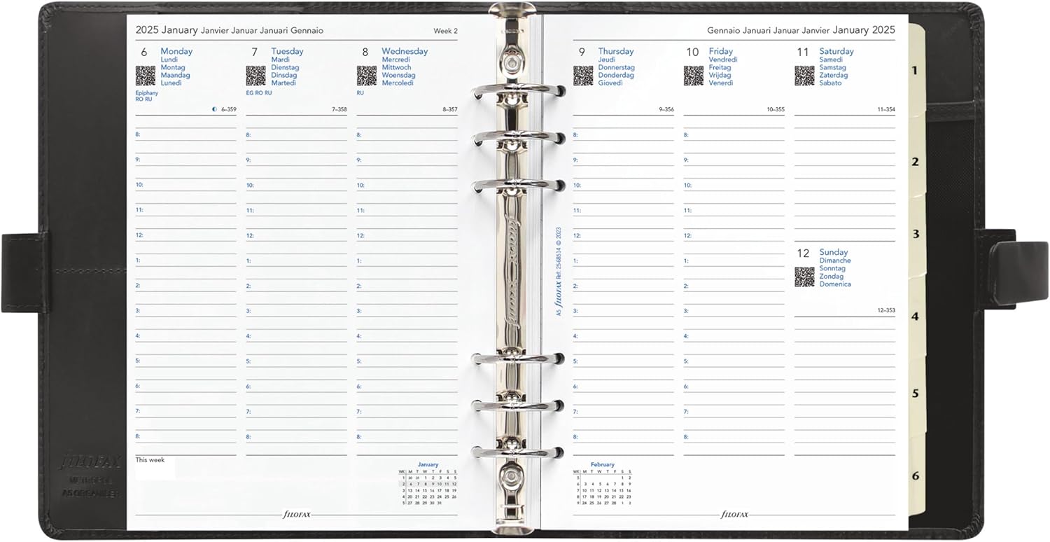 Filofax Metropol Organizer, A5 Size, Black - Leather-Look, Six Rings, Week-to-View Calendar Diary, Multilingual, 2025 (C026968-25)