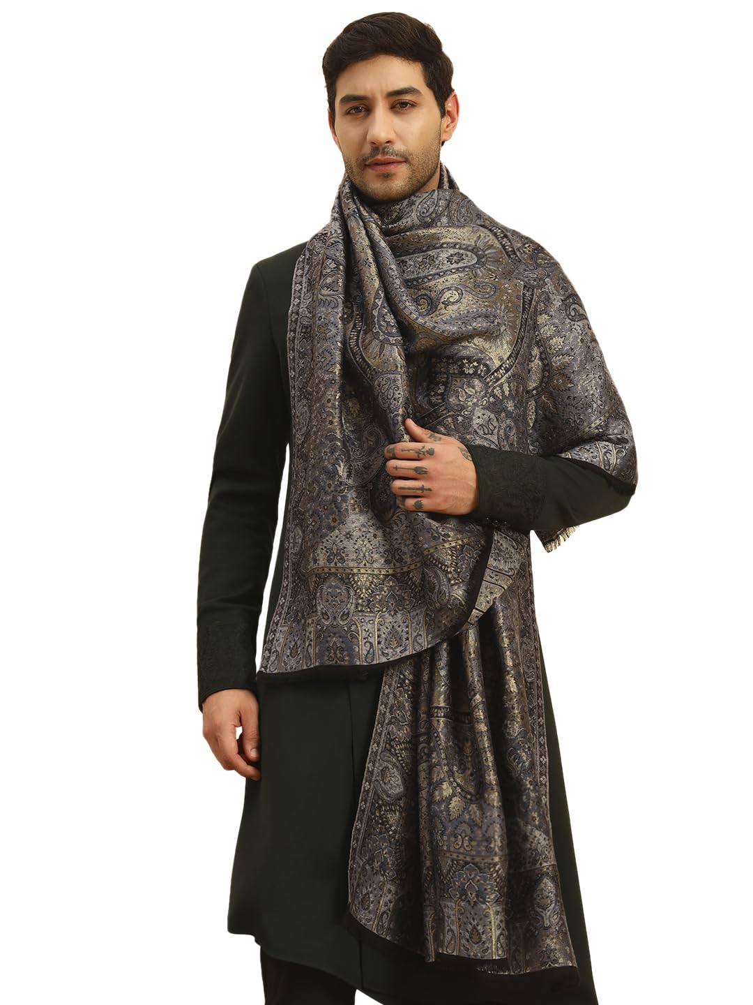 pashmoda Men Naazneen Fine Wool Kaani Shawl, Authentic Kashmiri Luxury Pashmina Style Shawl, Stole, Medium Gents Lohi, Size (40x80 Inches)-picture-16
