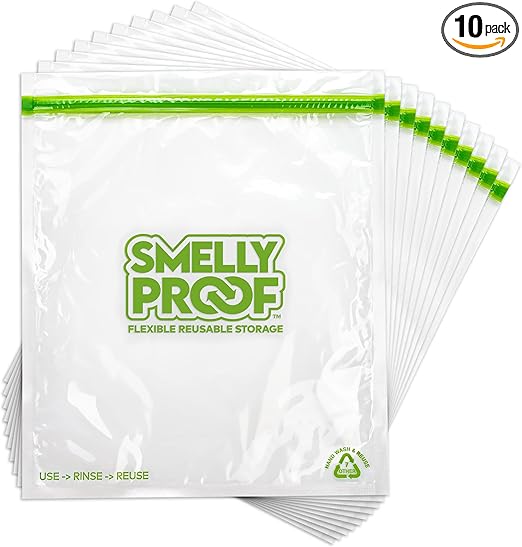 Smelly Proof Reusable Storage Bags for Food Bags - MADE IN USA, Easy Clean, Dishwasher-Safe, BPA FREE, NO PEVA, XL 3-mil Thick Bags, Extra Large Clear FLAT 10.5" x 12" GALLON 10-Pack