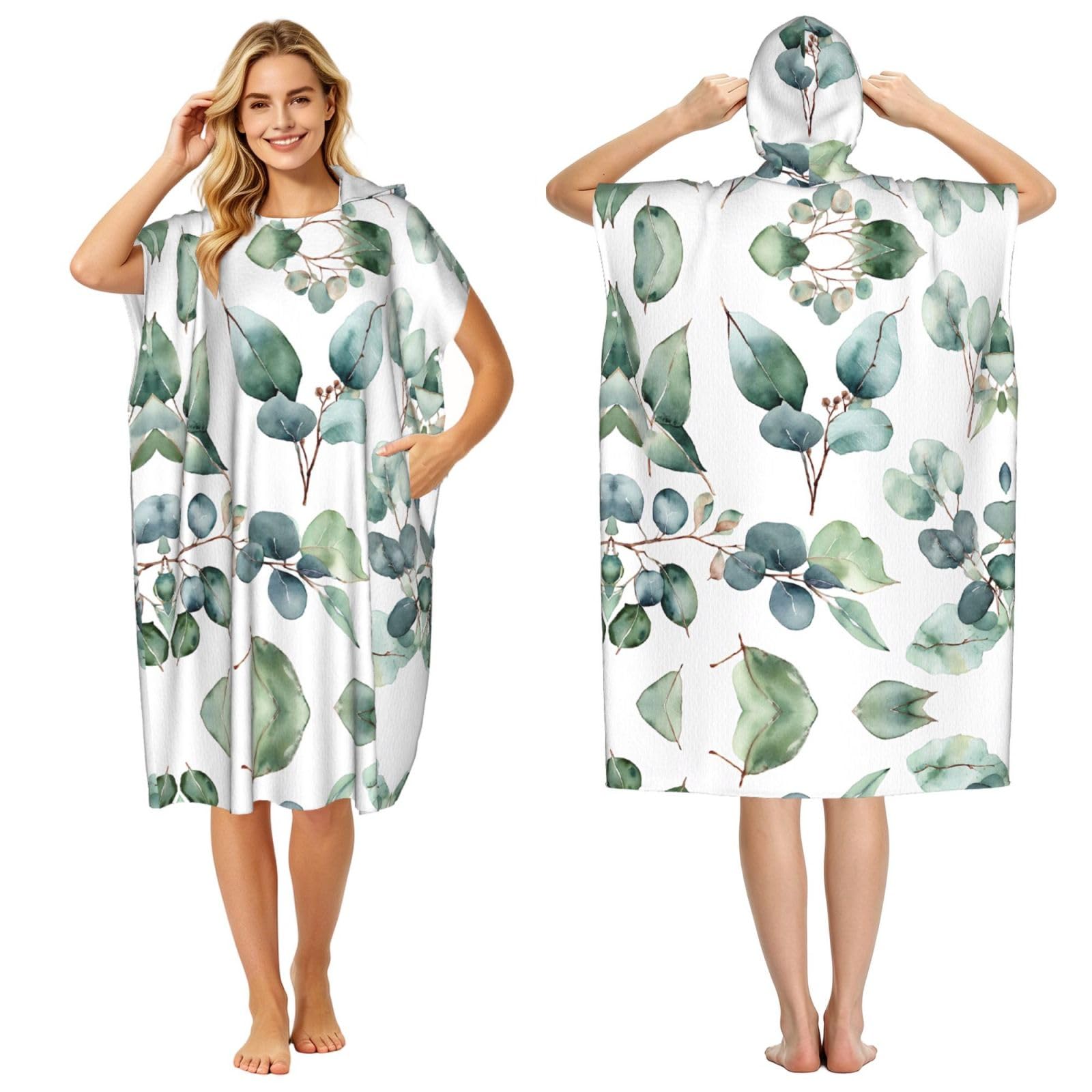 EZDLOWVBA Eucalyptus Leaves Green Print Hooded Poncho Microfiber Beach Towel,Adult Women & Men Changing Robe,Lightweight Summer Surf Swim Bath Poncho Towel