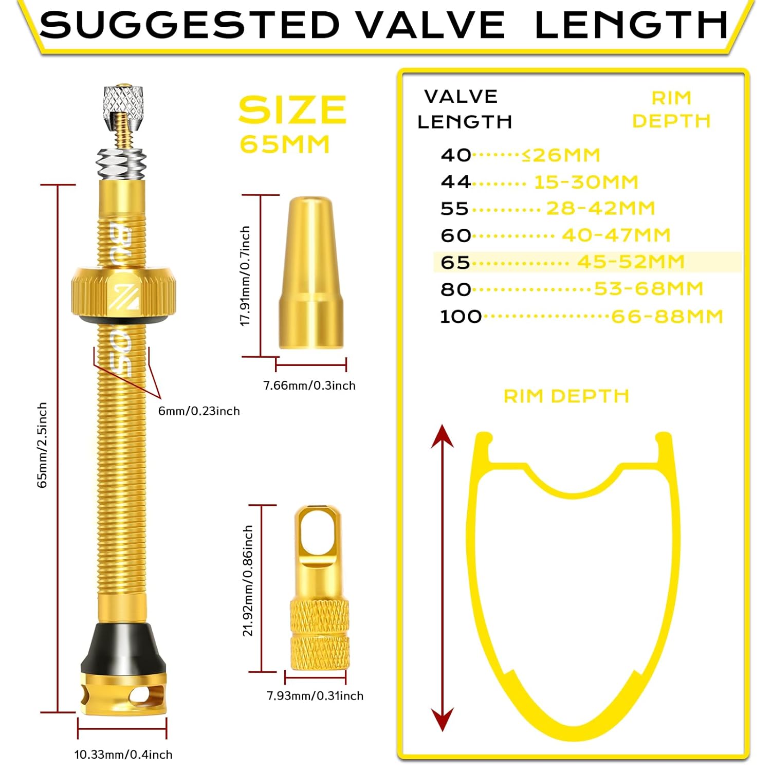 BUCKLOS Tubeless Rim Tape 23mm Width x 10m Length Bike Rim Tape Fit Most MTB/Road/Gravel Bike Wheel Carbon Tubeless Kit -2Pcs & Tubeless Presta Valve Stem 65 mm with Valve Core Removal Tool Pair Gold