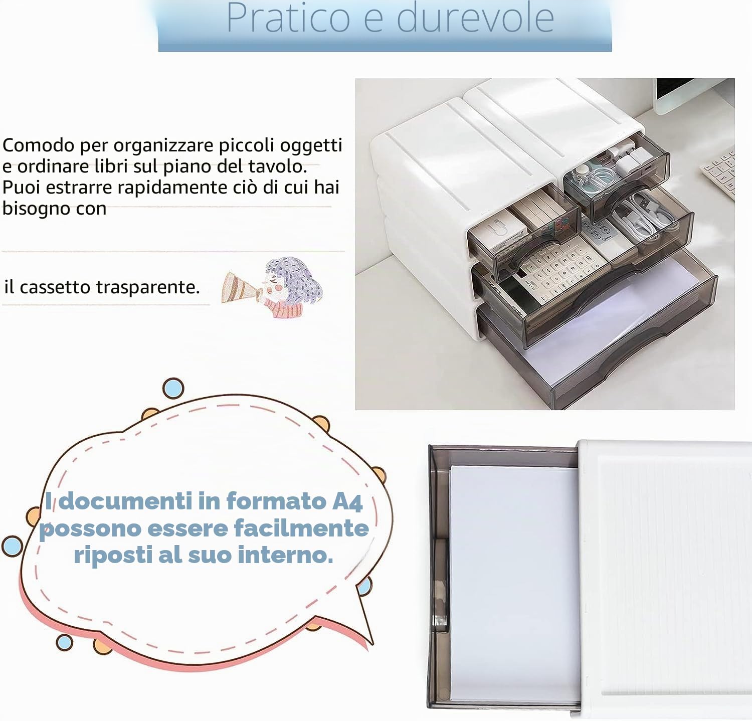 4 organizer da scrivania, impilabile, organizer da ufficio, organizer per cassetti, organizzatore per penne, raccoglitori, appunti adesivi, carta A4
