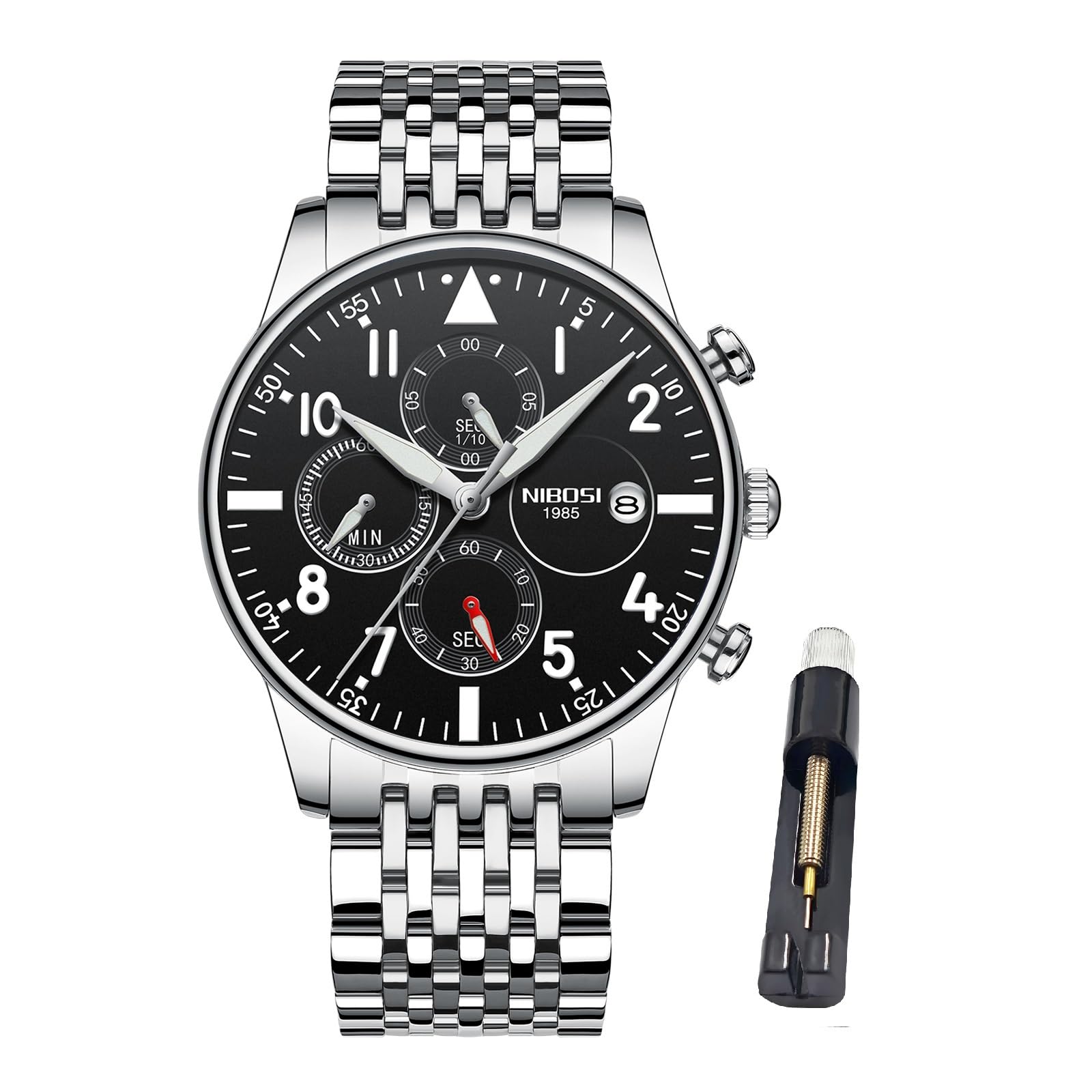 NIBOSI Watches for Men Quartz Analog,Stainless Steel Silver Blue,Day Date