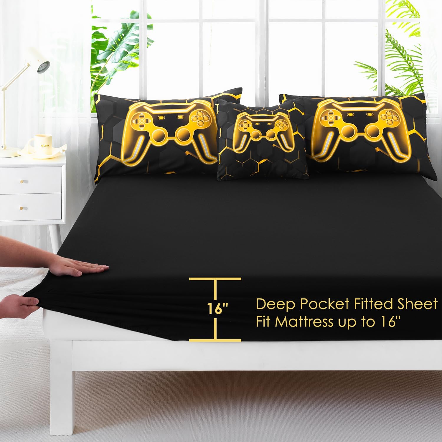 Queen Comforter Set with Sheets, 6Pcs Black and Gold Gaming Bedding Set for Boys, 3D Game Console Bed in A Bag, Gamepad Print Teen Boy Bedding for Bedroom (Gold, Queen)