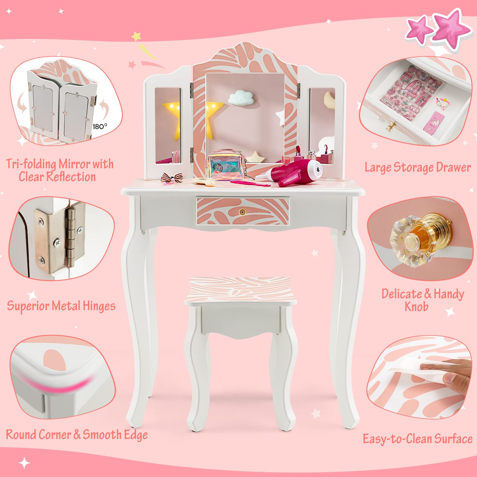 GOPLUS Tocador Infantil de Madera, Tocador de Maquillaje Princesa con Taburete y Espejo, Placa Extraíble, Mesa de Cosméticos con Cajón, 60 x 27,5 x 97,5 cm (Cebra Rosa)
