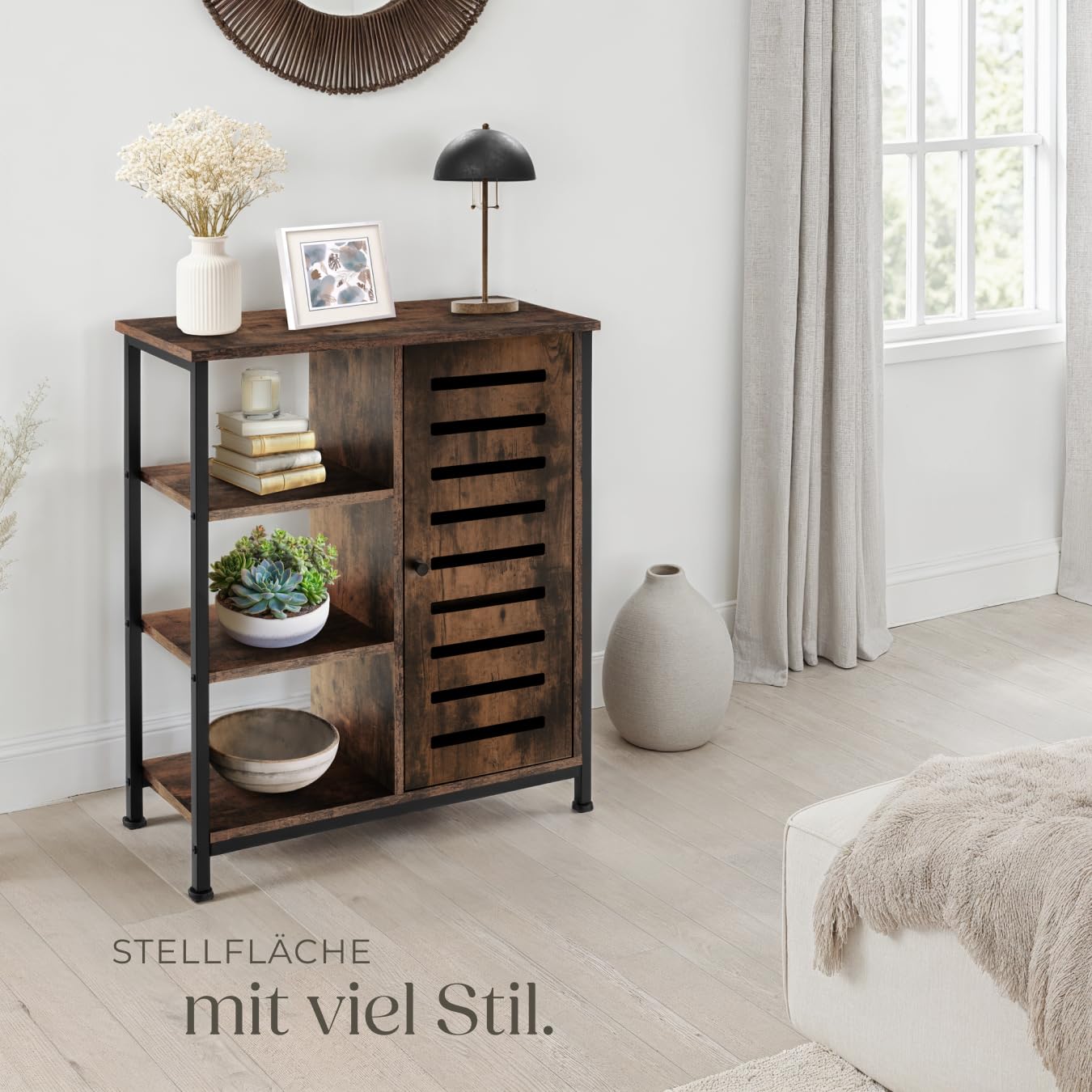 tectake® Industrial Sideboard, Kommode Schlafzimmer mit 3 Fächern und Schrankfach, TV Schrank 71 x 32 x 82 cm, Flur Möbel, Wohnzimmerschrank, Cabinet (Tür rechts, Industrial Dunkelbraun)