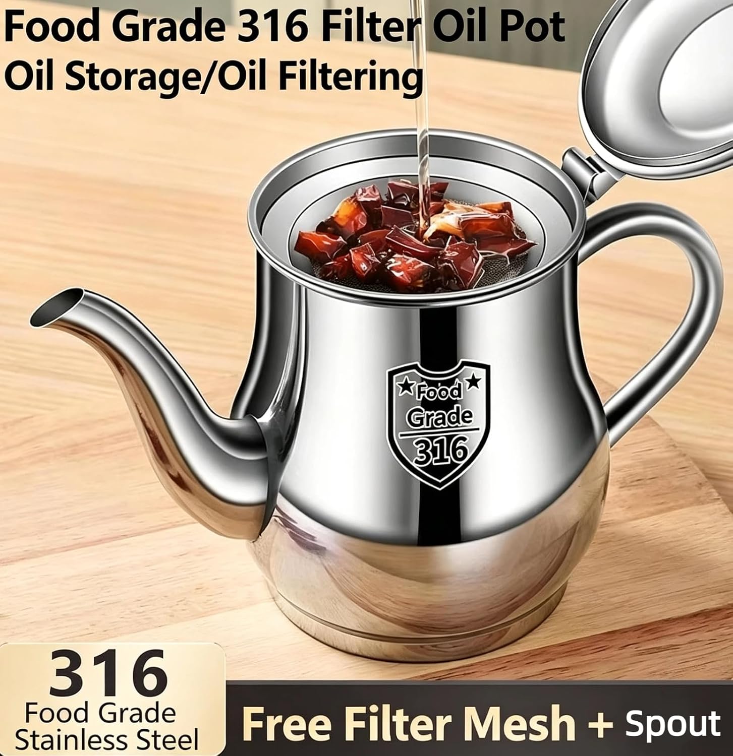 Stainless Steel Cooking Oil Pot, 500ml Kitchen Oil Bottle with Filter and Nozzle Cover, Household Kitchen Countertop Filter Tank, Reusable Cooking Oil Storage Container