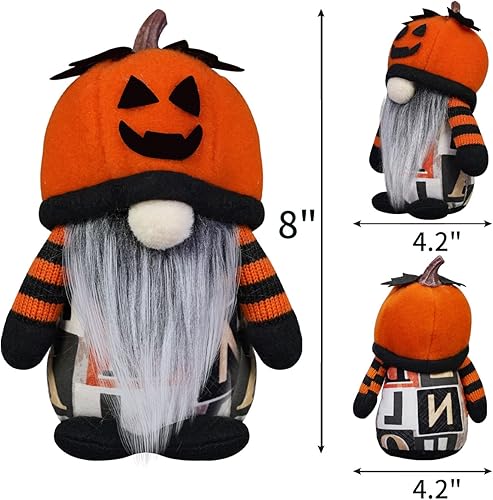 Miniatura 3 de Decoraciones de gnomo de Halloween, paquete de 2 sombreros hechos a mano con cara de calabaza sueca Tomte nórdico de felpa elfo Nisse adorable gnomo