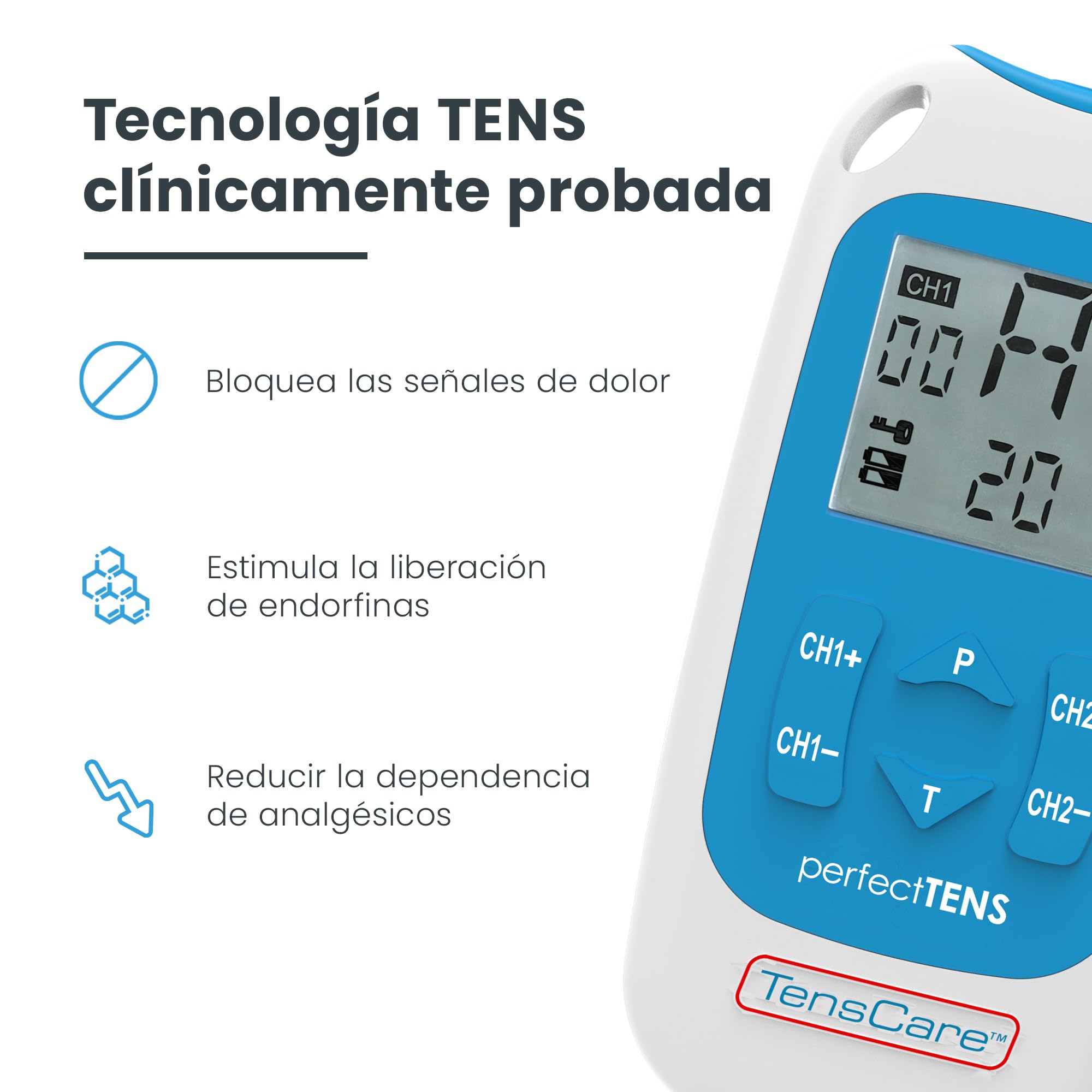 TensCare Perfect Tens – Dispositivo TENS Electroestimulador para Alivio del Dolor, 2 Canales, Programas Efectivos para Dolor de Espalda, Artritis y Lumbalgia