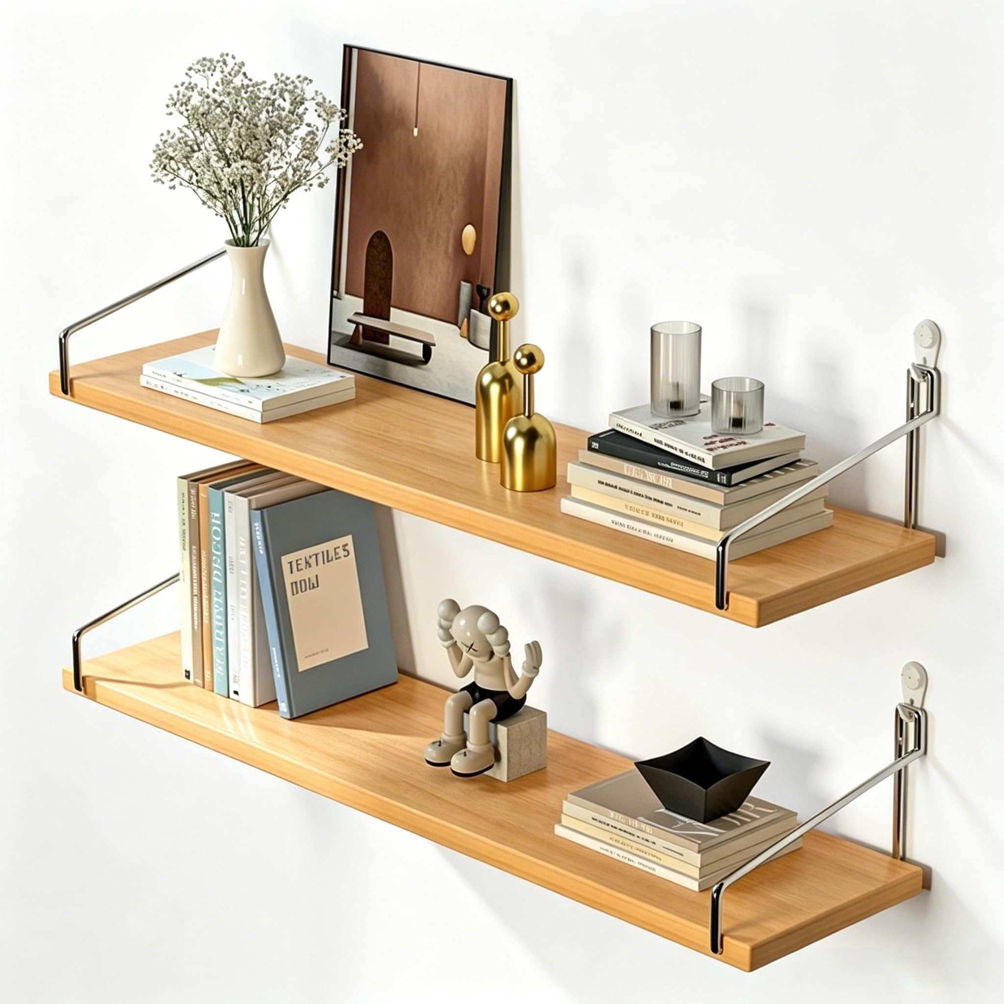 Étagères murales flottantes en bois rustique avec supports en acier inoxydable de 60 cm, étagère de rangement sans perçage pour salon, cuisine