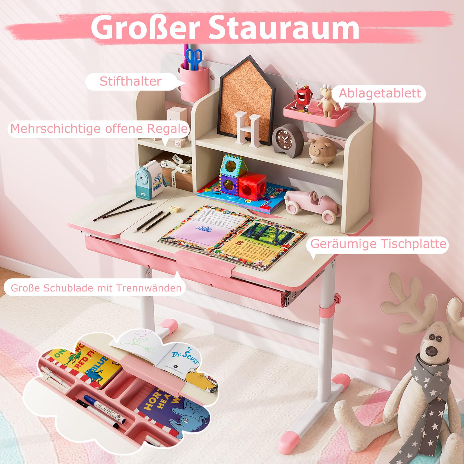 COSTWAY Kinderschreibtisch höhenverstellbar mit neigbarer Tischplatte, Regalen & Schublade, für 3-12 Jahre (Rosa)