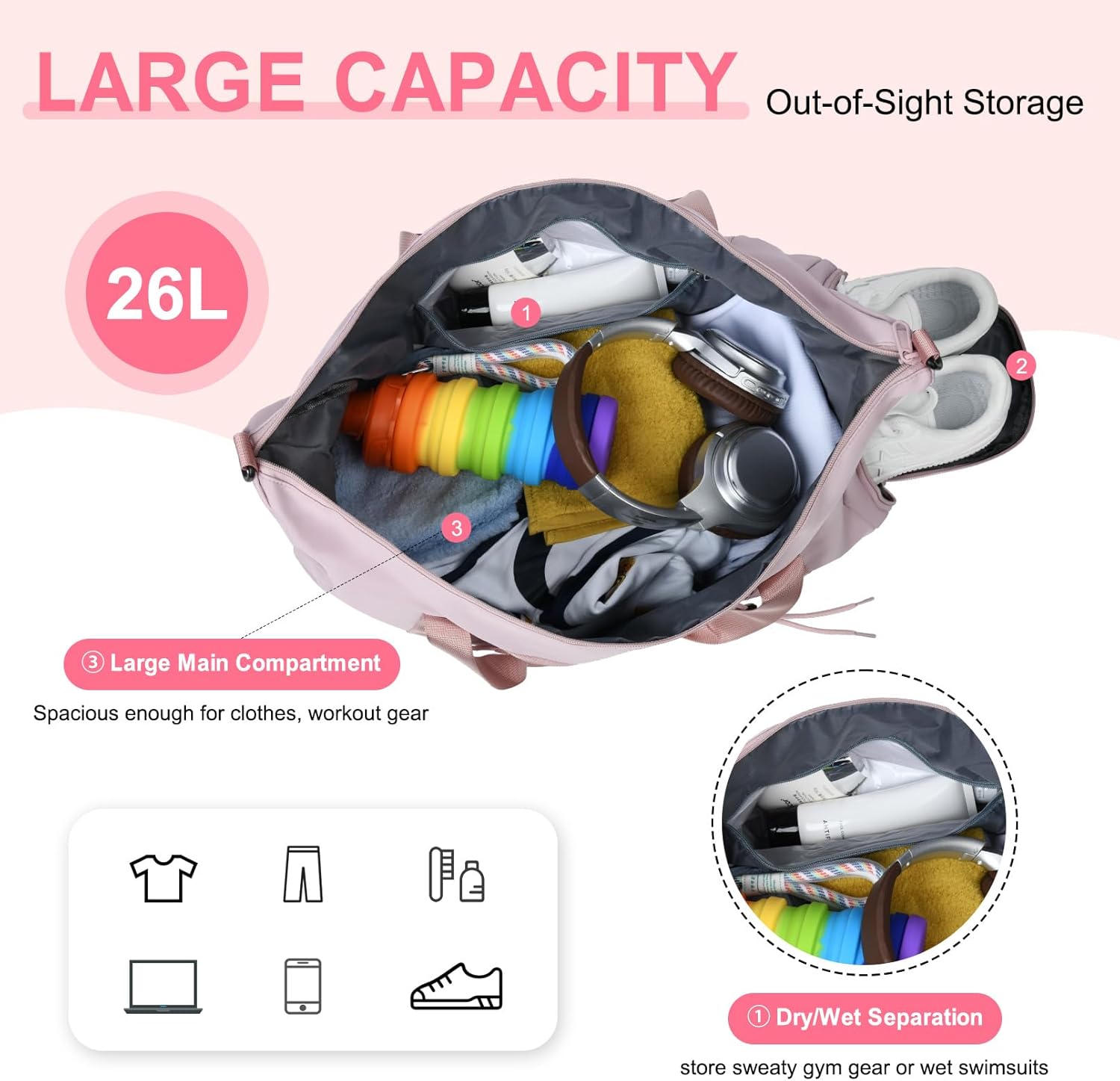 Travel Duffel Bag 26L, Carry On Weekender Overnight Bag with Shoe Compartment & Wet Pocket, Lightweight Gym Sports Bag for Women Men, Airplane Friendly Personal Item Bag - Pink - Image 3