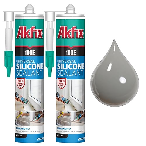 Akfix 100E RTV Masilla de Silicona Gris (2x10.1 fl.oz.) - Sellador de Silicona 100% Impermeable para Cocina y Baño, Ducha, Bañera, Inodoro,