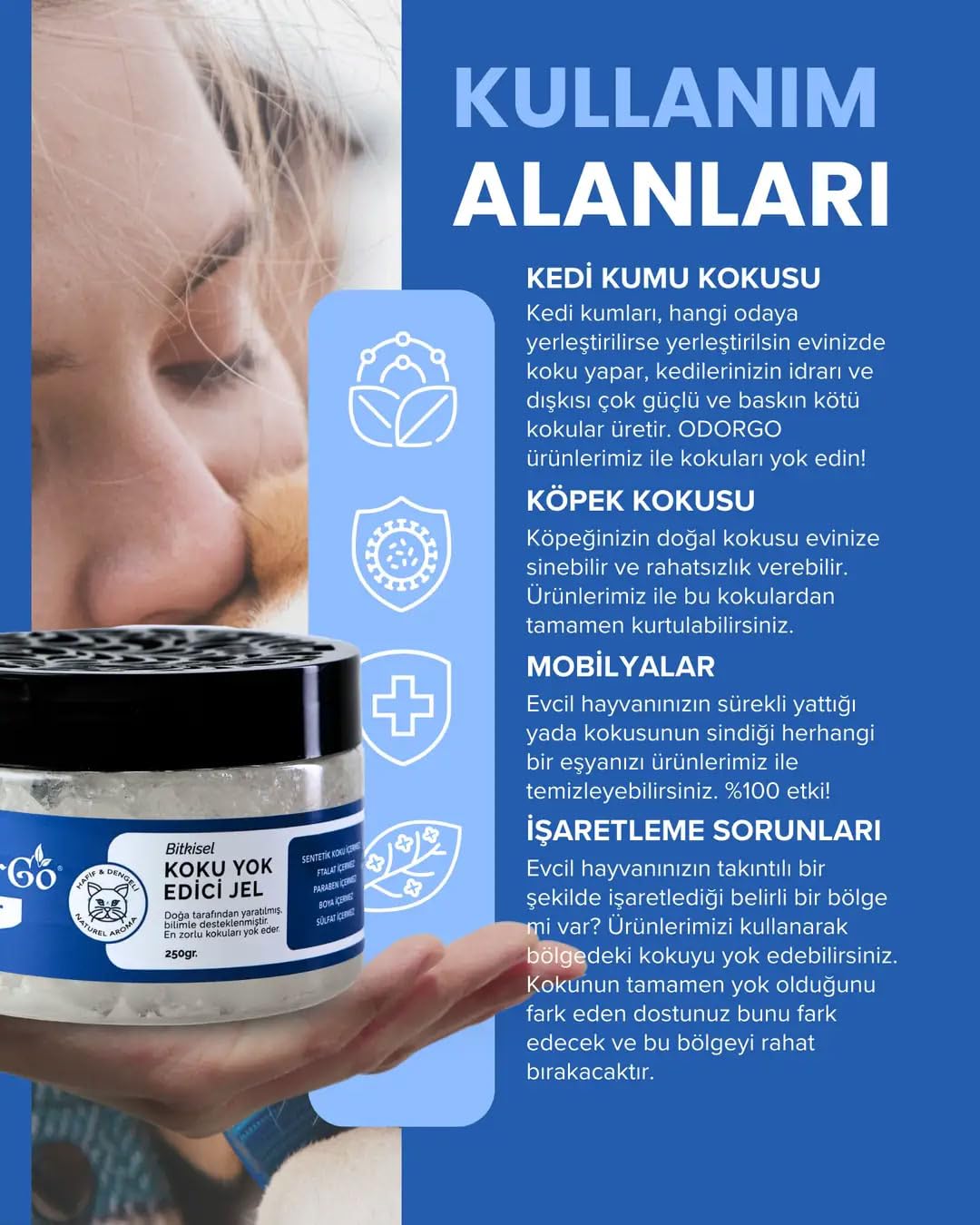 ODORGO Pet Koku Yok Edici Jel 250g – Kedi Kumu Kabı ve Pet Alanları İçin Kalıcı Koku Giderici