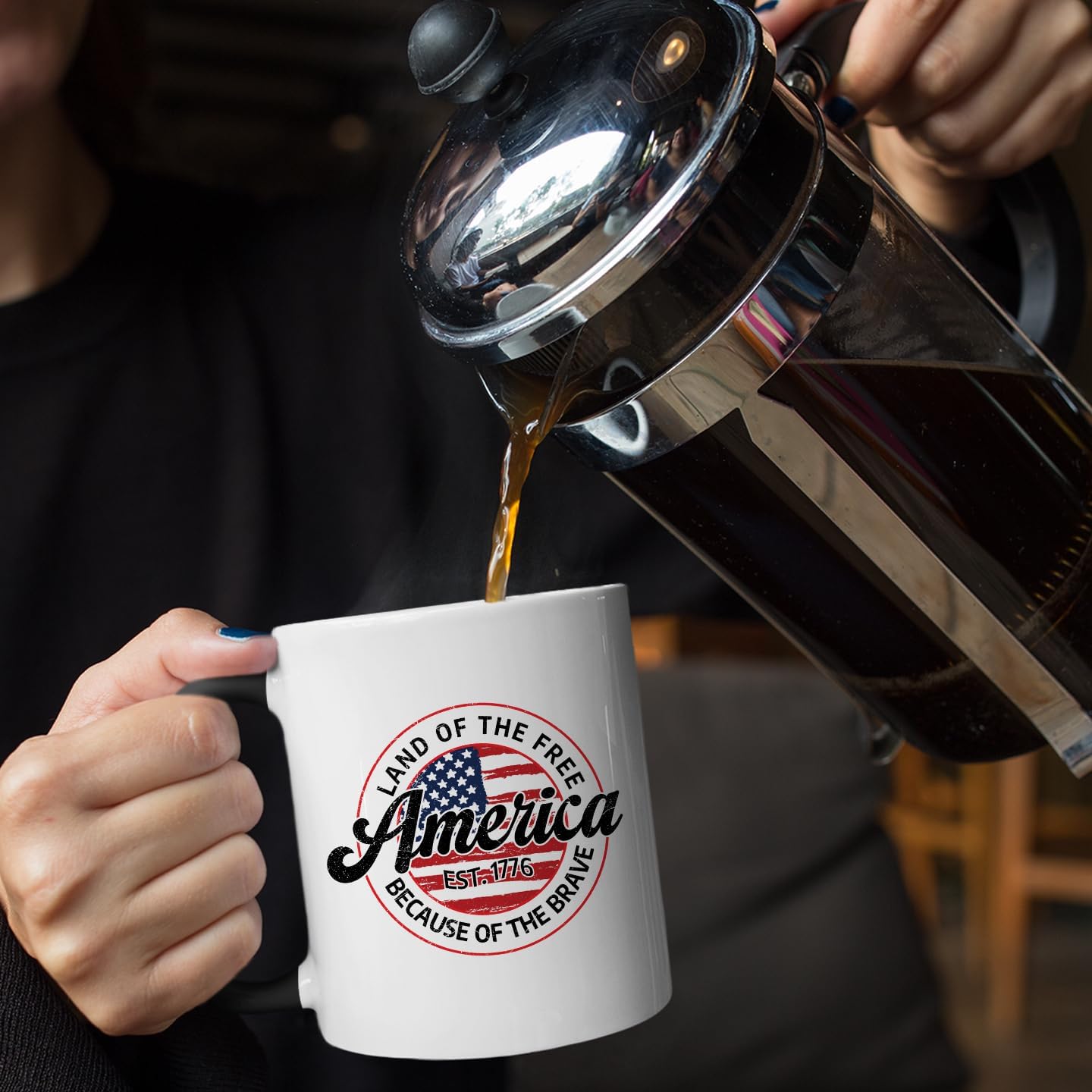 Veracco Land Of The Free America Est 1776 Because Of The Brave Coffee Mug 4th Of July Gift Patriotic Veteran Appreciation USA Pride for Military Independence Day (Black, 11oz) - Image 5