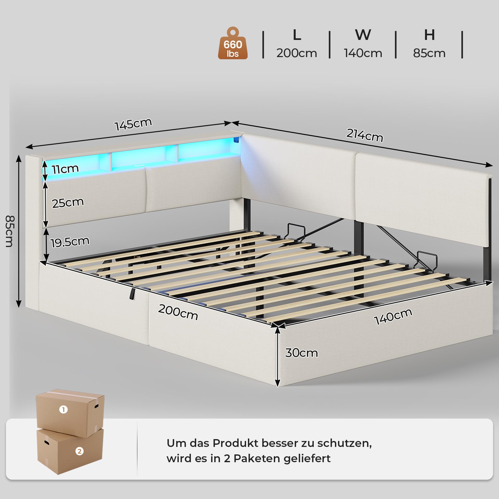 AOGLLATI Polsterbett Schlafsofa 140x200 mit USB-Steckdosen & hydraulischem Stauraum, Betten 140x200 mit LED-Kopfteil & Lattenrost, Kinderbett Tagesbett, Doppelbett, Leinen, Beige (ohne Matratze)