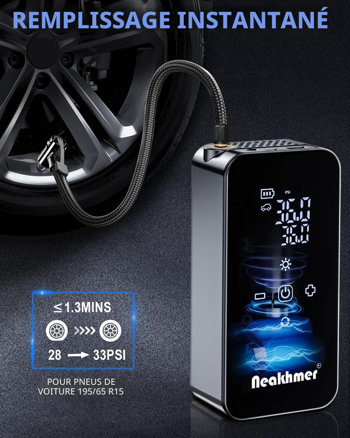Gonfleur Pneus Voiture Compresseur Air: 150PSI Compresseur à Air Portatifr | Batterie 6000mAh,Mini Pompe a Velo Electrique 12V avec Manomètre de Pression pour Voiture, Moto, Sans Fil et Facile à Utilise
