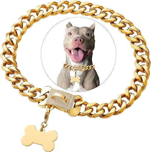 Collar de acero inoxidable con eslabones de oro cubano resistente para perros pequeños, medianos y grandes, collar de perro de bulldog francés con