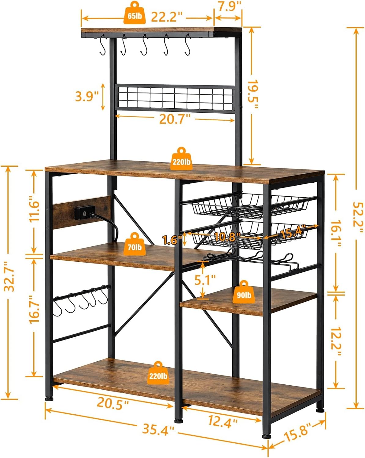 Bakers Rack with Power Outlet 5 Tier Microwave Stand with Mesh Basket Mug Holder for Kitchen Coffee Bar Station for Spice Pots and Pans Organizer