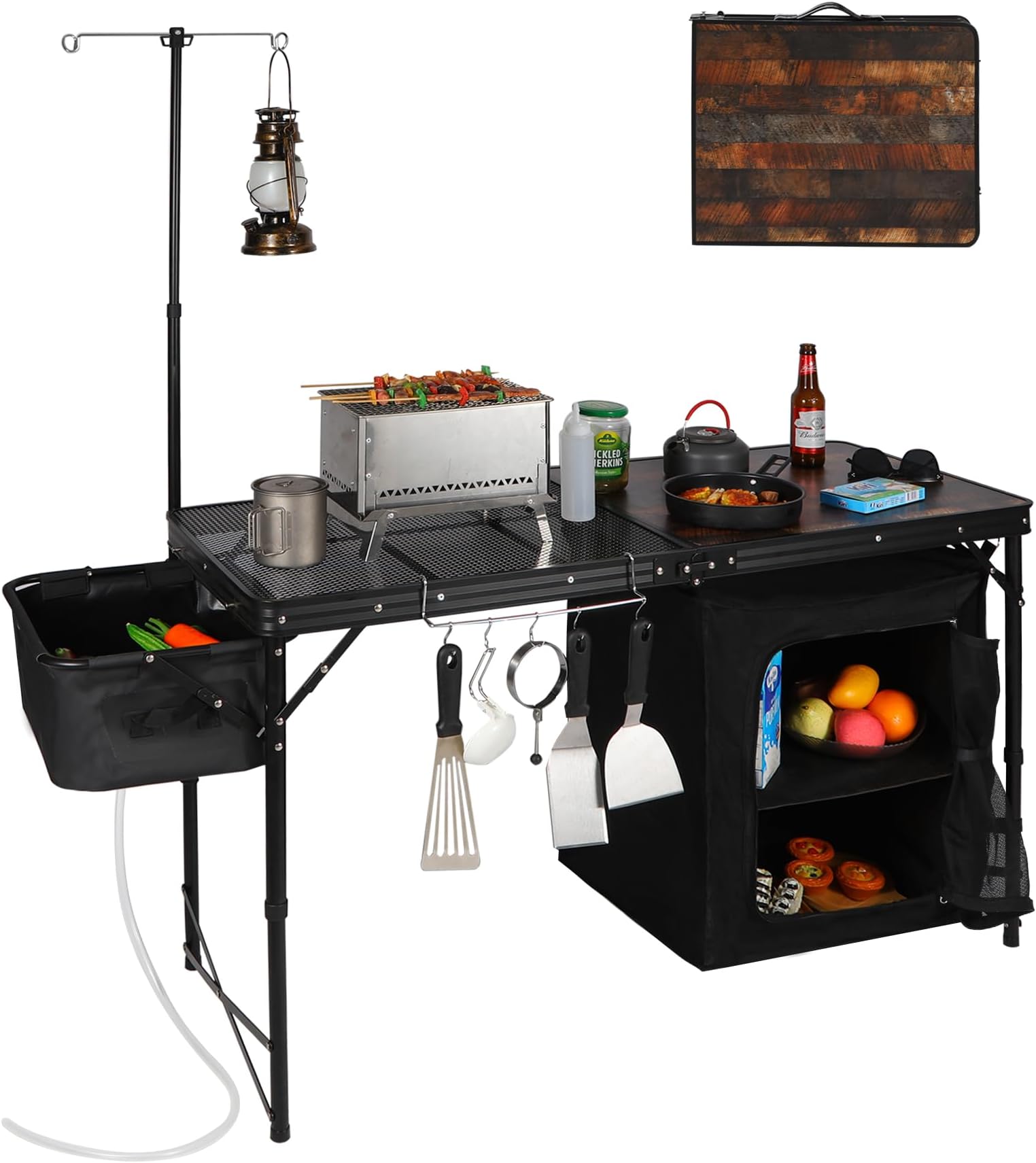 REDCAMP Portable Camping Kitchen Table with Sink, 4ft Folding Camping Grill Table with Storage Organizer and Telescoping Light Stand, Outdoor Cooking Station for BBQ, Party and Picnic