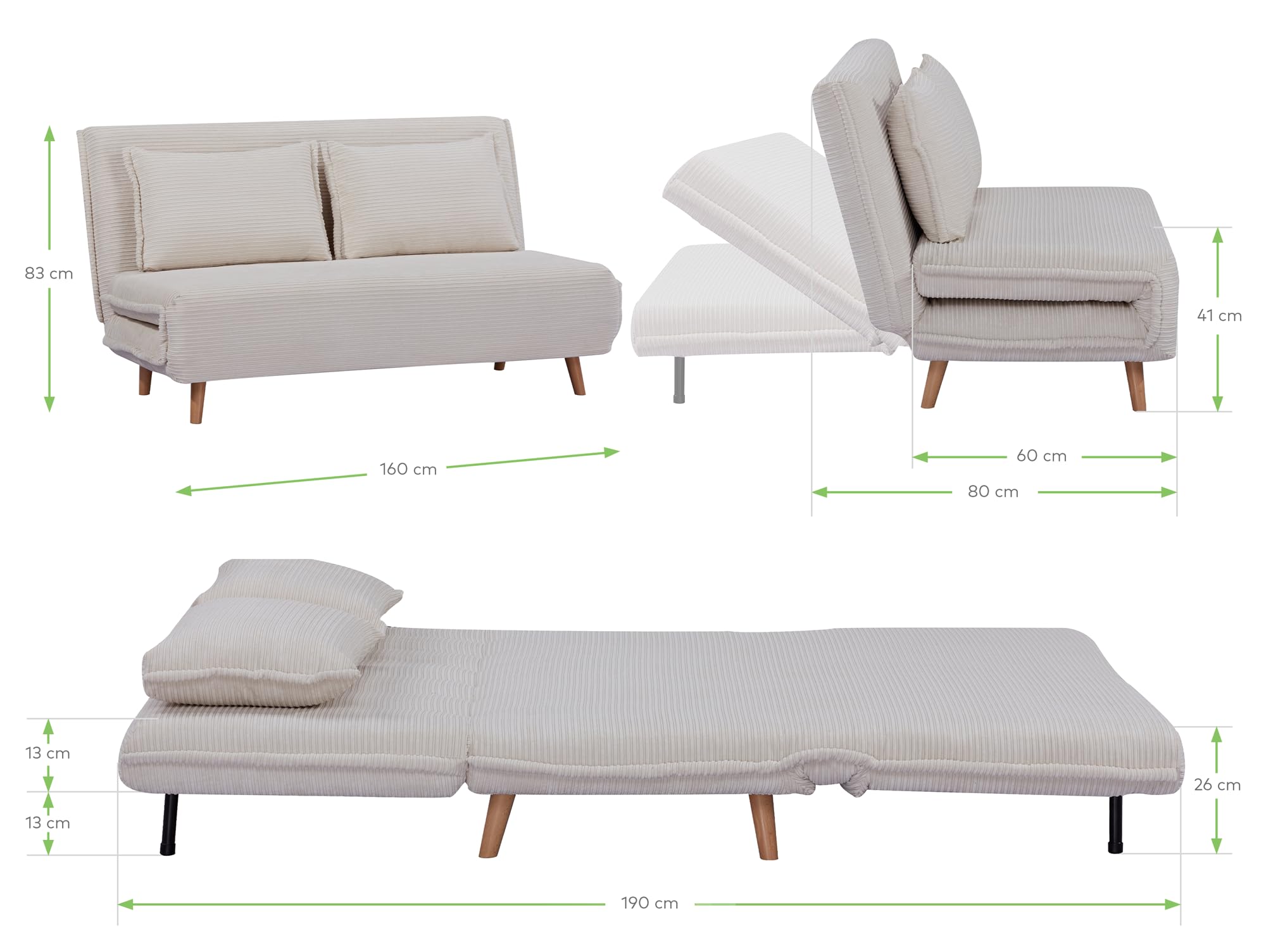 EVERGREENWEB Divano Letto Trasformabile in Letto Matrimoniale 160x190 con Materasso e Coppia Cuscini Imbottiti, Divanetto Clic Clac con Schienale Regolabile 3 Posti con Gambe in Legno, Bianco | VELVET