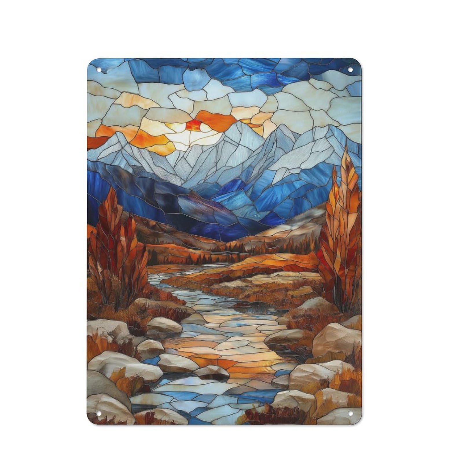 Junmoney Style-20 Metal Wall Sign 40X30cm Featuring Stained Glass Mountain Sunset For Living Room Wall, For Feature Wall Decorators