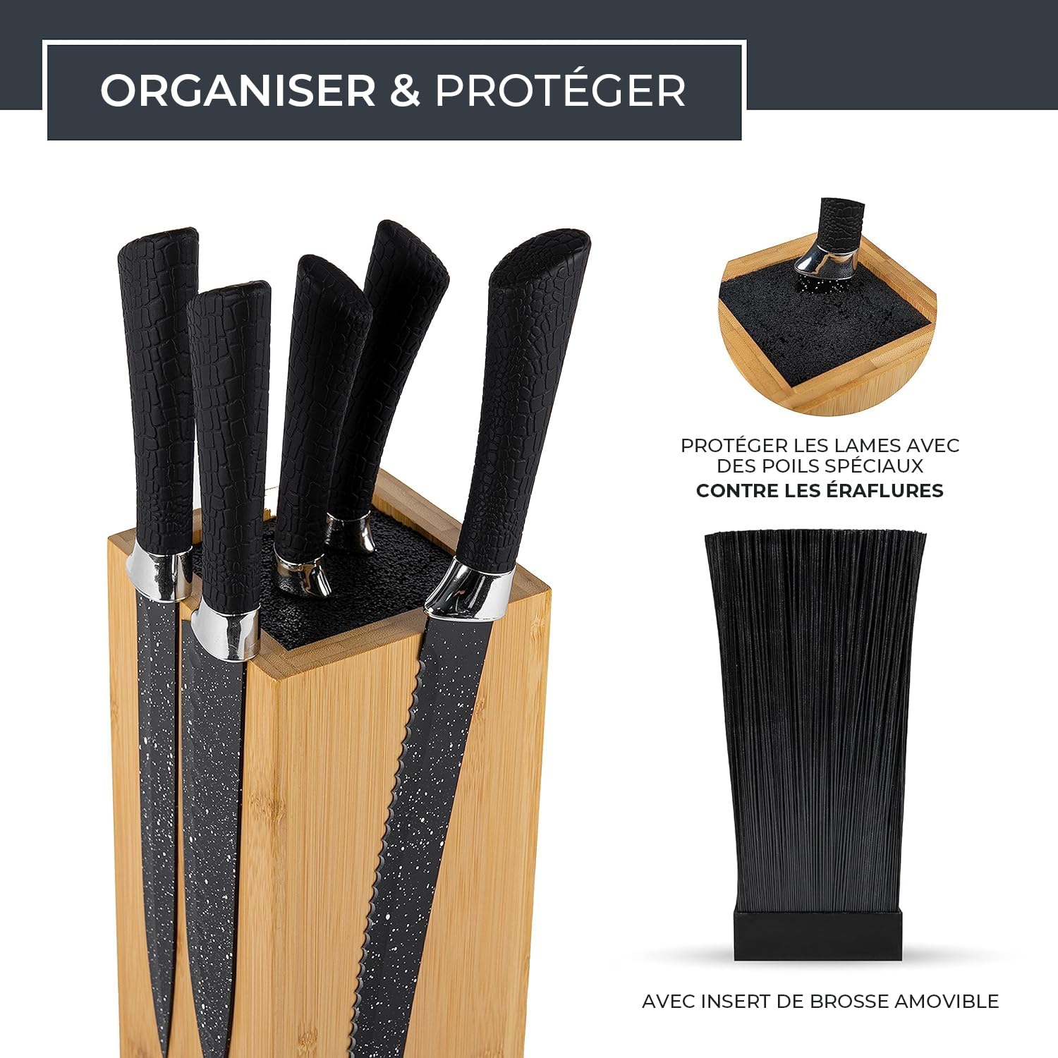 Exitoso NOUVEAU bloc à couteaux en bambou, rotatif à 360 degrés avec aimants à l'extérieur et insert en poils amovibles - espace pour jusqu'à 20 couteaux | rangement sécuritaire des couteaux
