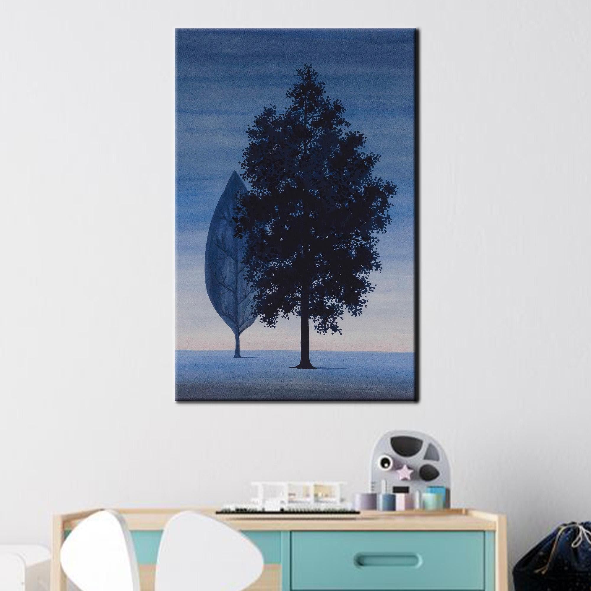 lianyibo Minimalistyczny obraz na płótnie z niebieskim drzewem, motyw liścia i drzewa, nowoczesny skandynawski plakat na płótnie do salonu (20 x 30 cm/rama wewnętrzna)