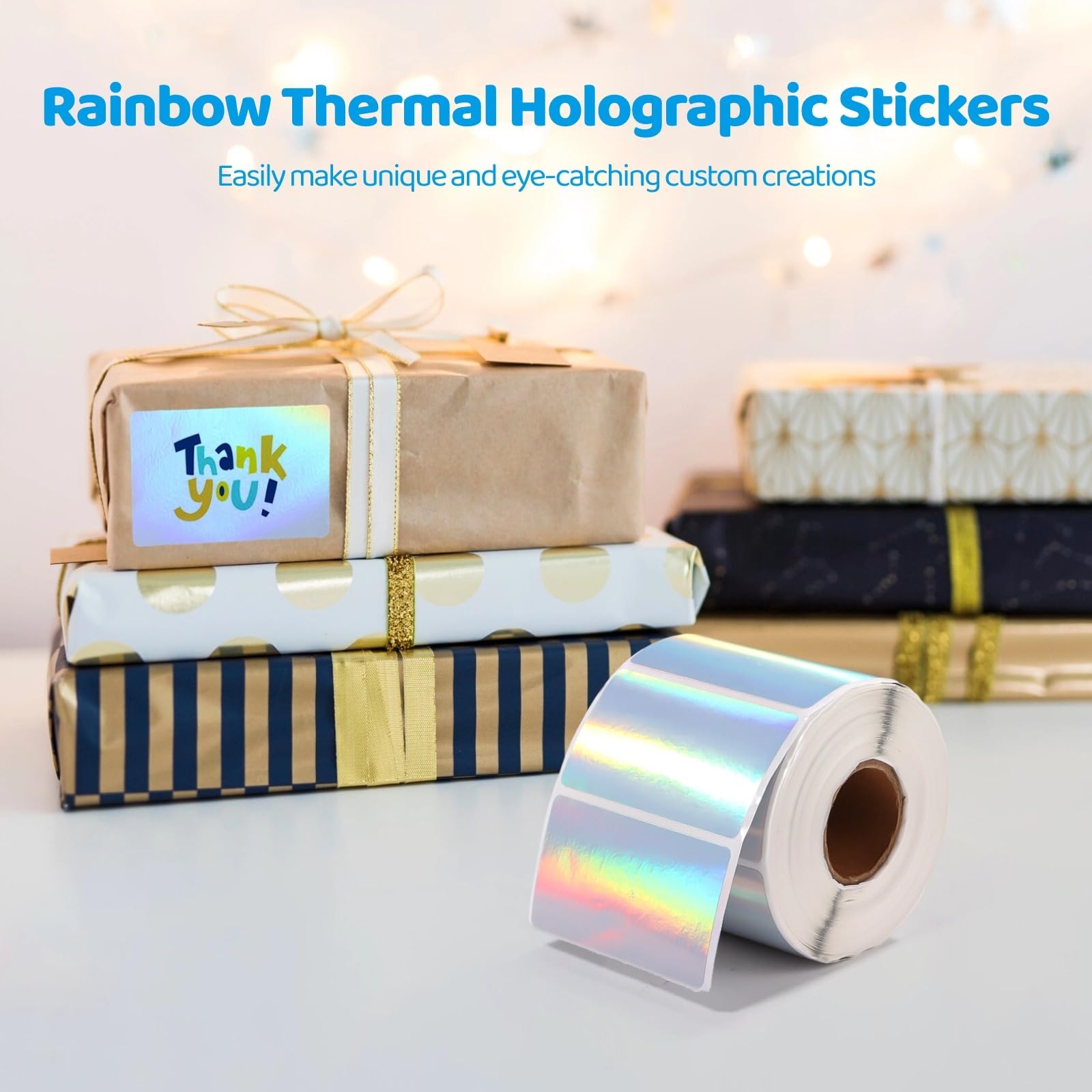 Lot de 2 rouleaux d'autocollants holographiques thermiques - 5,7 x 3,2 cm - Étiquettes thermiques imprimables - Autocollants rectangulaires arc-en-ciel pour étiquettes de nom, logo, code QR, 500