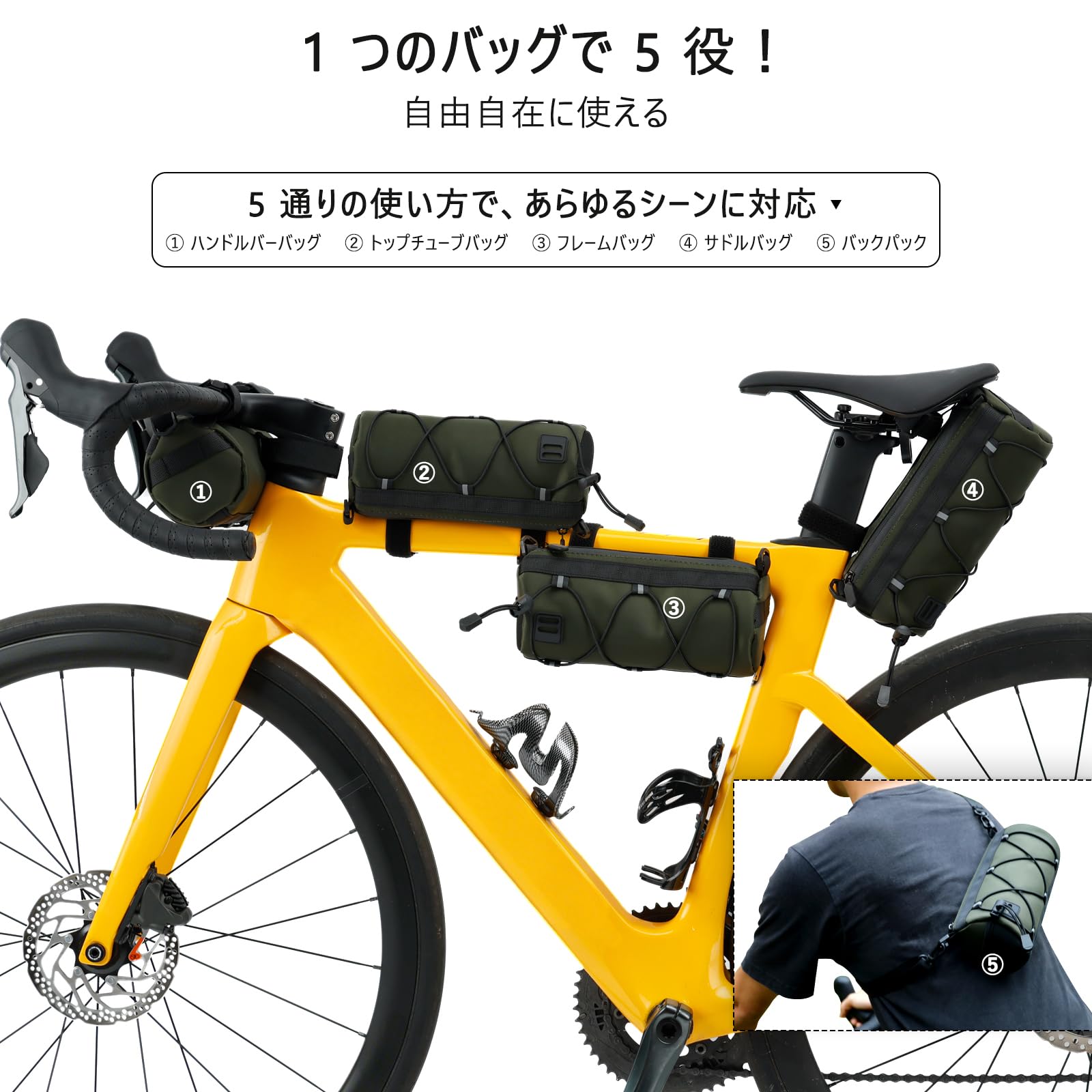 Artudatech 自転車フロントバッグ 2.5L大容量 通勤 通学 ロードバイク/マウンテンバイク用 防水 小物収納 軽量 取り付け簡単 ハンドルバーバッグ グリーン