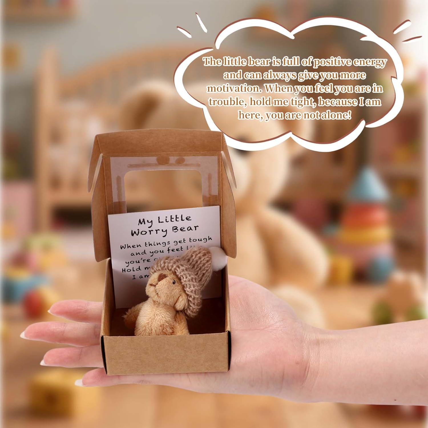 TOYMIS 2 Sets Mini Plush Worry Bear with A Hat, Handmade Positive Small Plush Bear in A Box with Encouragement Little Card Inspirational Support Easter Egg Toy for Family Friend Coworkers Gift