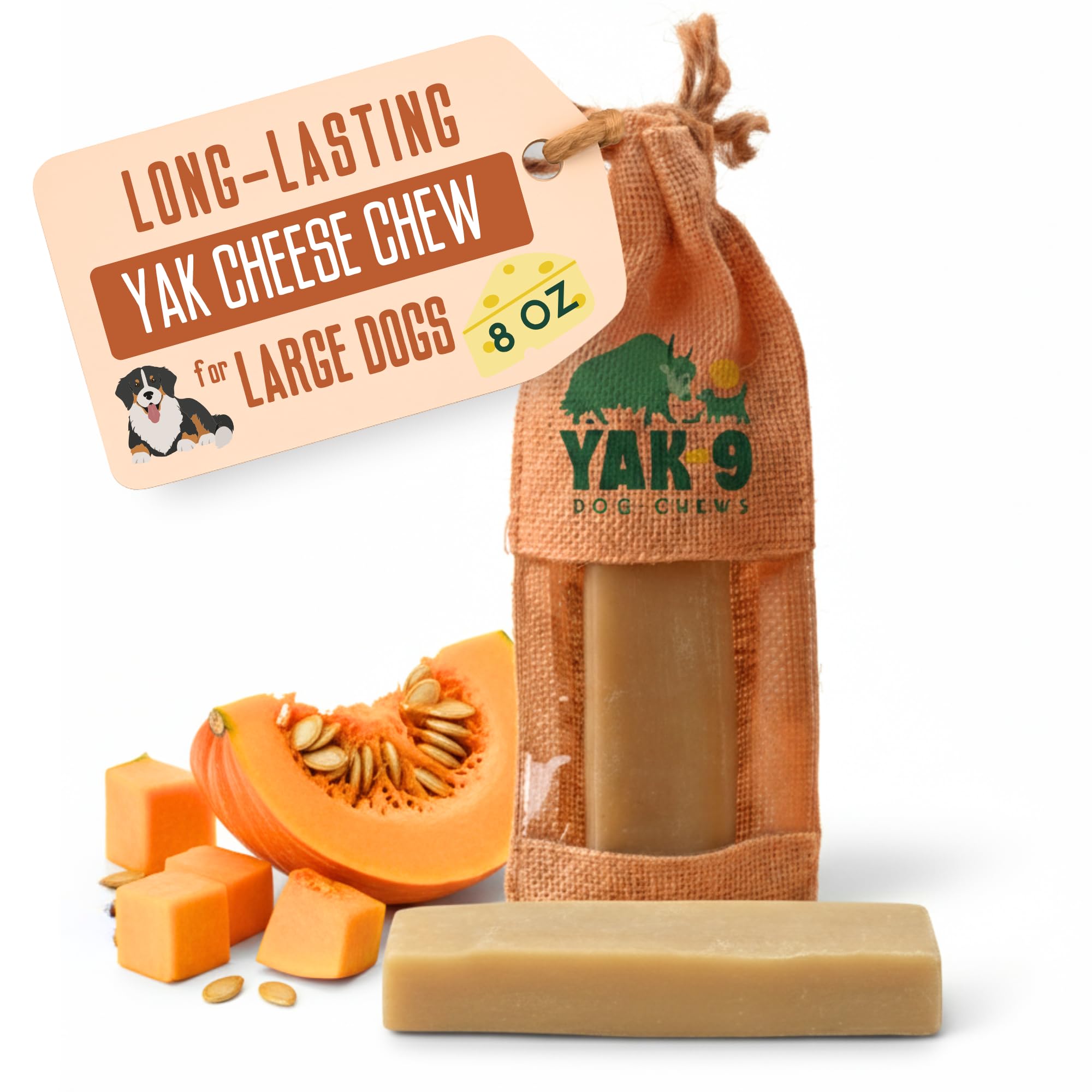Yak9 Yak Cheese Dog Chews, High Protein Treats, Natural, Rawhide Free, Long Lasting with Vitamins & Minerals, Large Size (Dogs 75-100lbs), Pumpkin, 1