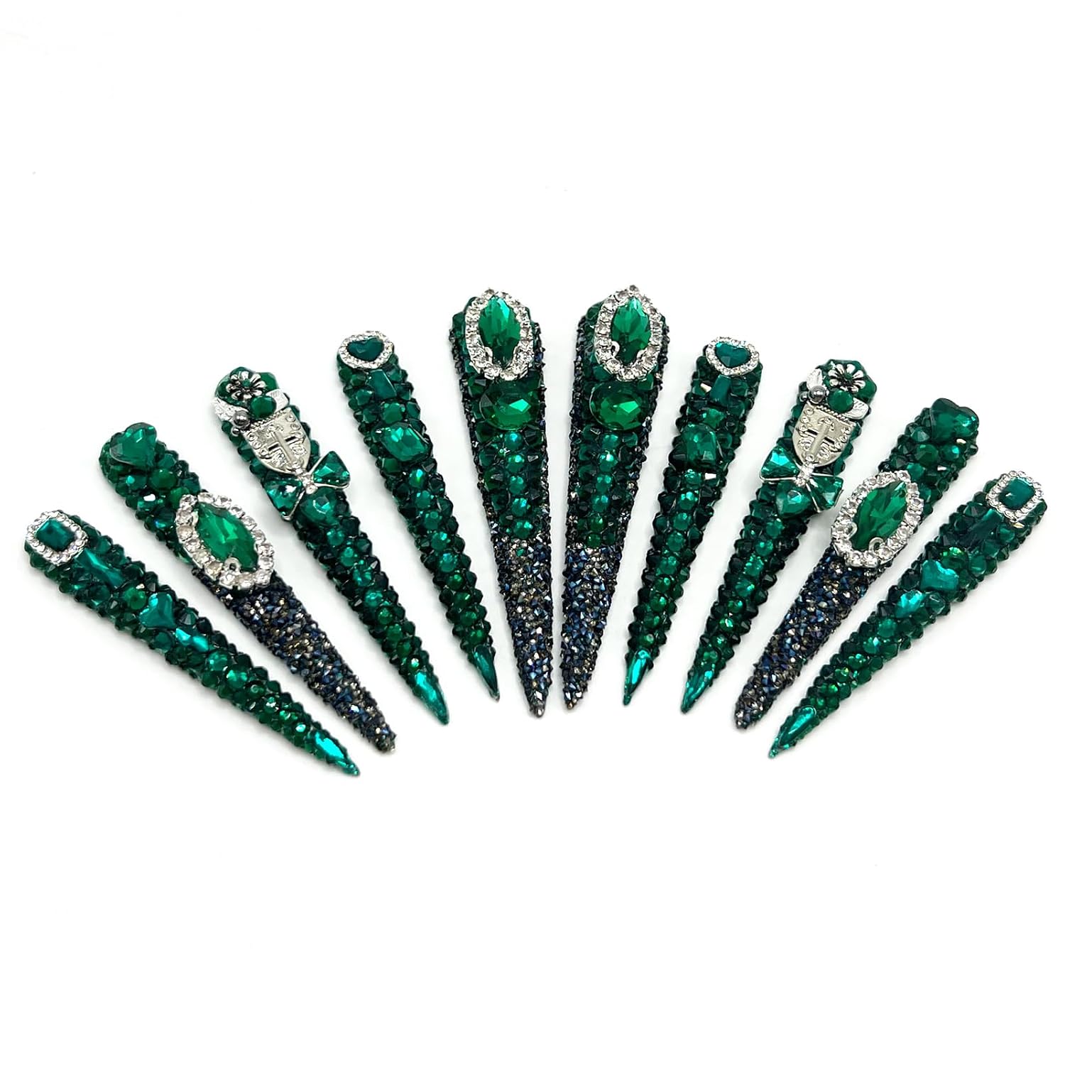 Handcrafted Green Crystal Press On Nails, Reusable Extra Long 70mm Stiletto Fake Nails, Original Designs Diamond Bow Decor Hard-Wearing Artificial Nails (Large)