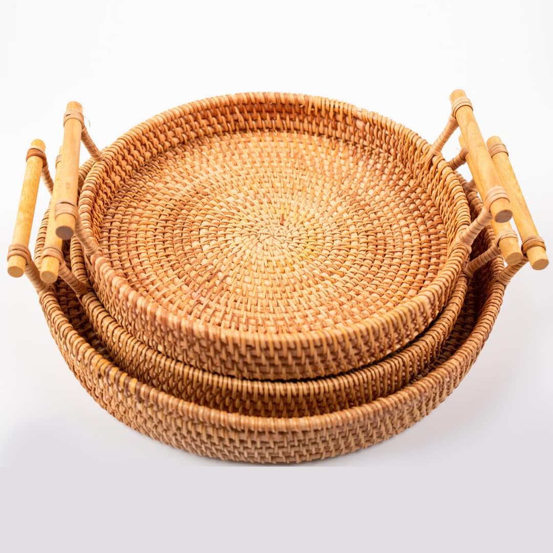 DULRLLY Rattan Bread Baskets Hand Woven Wicker Storage Baskets with Handles Round Tabletop Food Fruit Vegetables Serving Basket Decorative Trays for Kitchen Home Table Shelf Decor(S+M+L)
