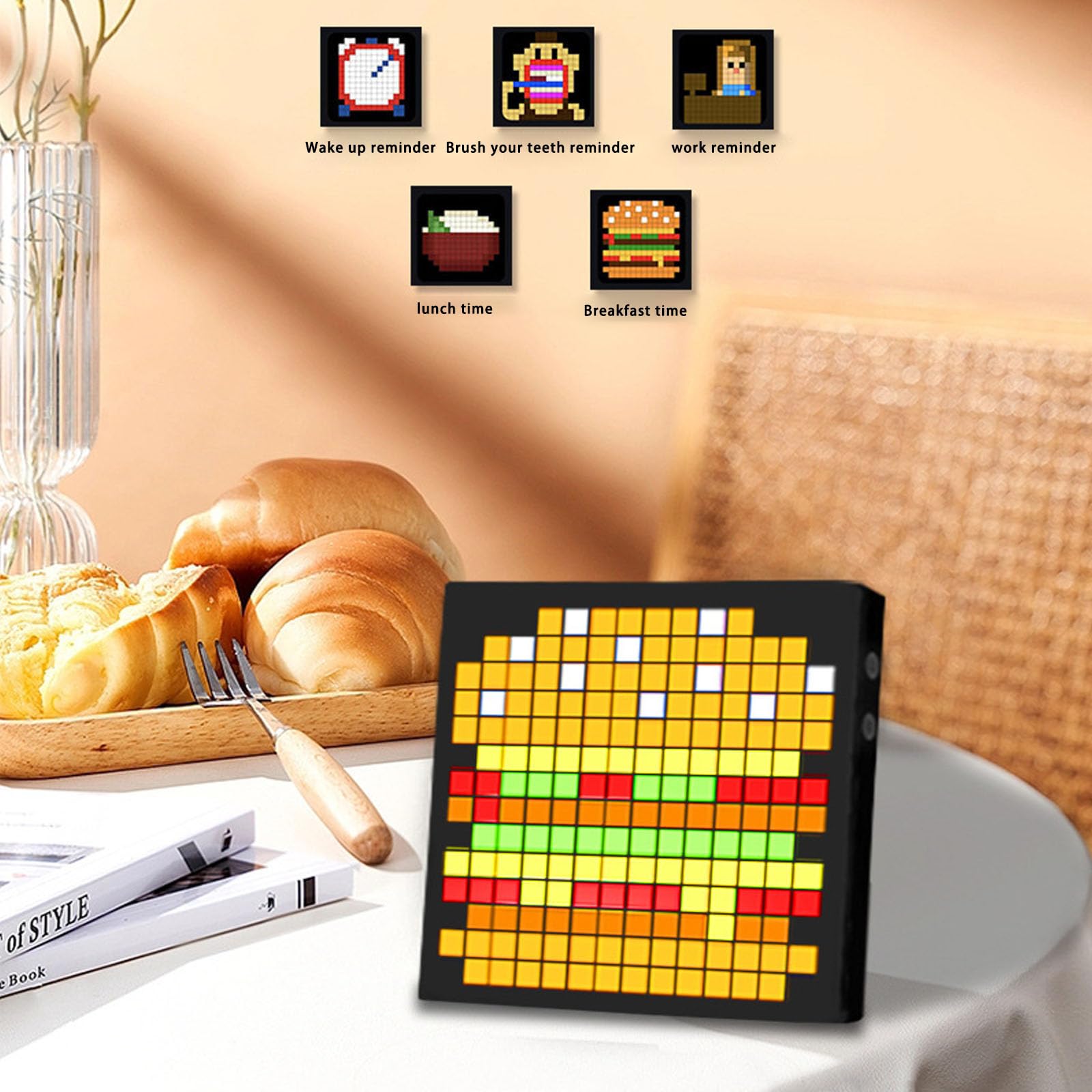 Pixel Art Display, 16 * 16/32 * 32 Relojes de Día con Calendario Digital con Pantalla Grande, Reloj Inteligente LED Preciso con Recordatorio de Eventos, Fecha, Graffiti y Brillo Ajustable 32 * 32