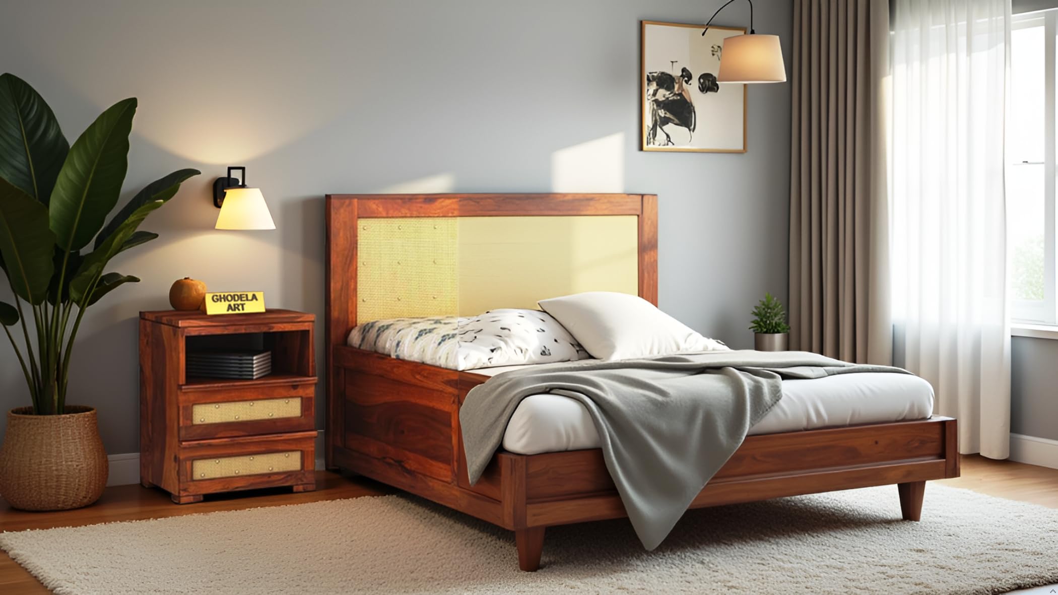 Solid Wood Bedside Table with 2 Drawer & Open Shelf | Modern Wooden Nightstand with Cane Panel Design | Compact Side Table for Bedroom & Living Room | Honey Finish-image-18