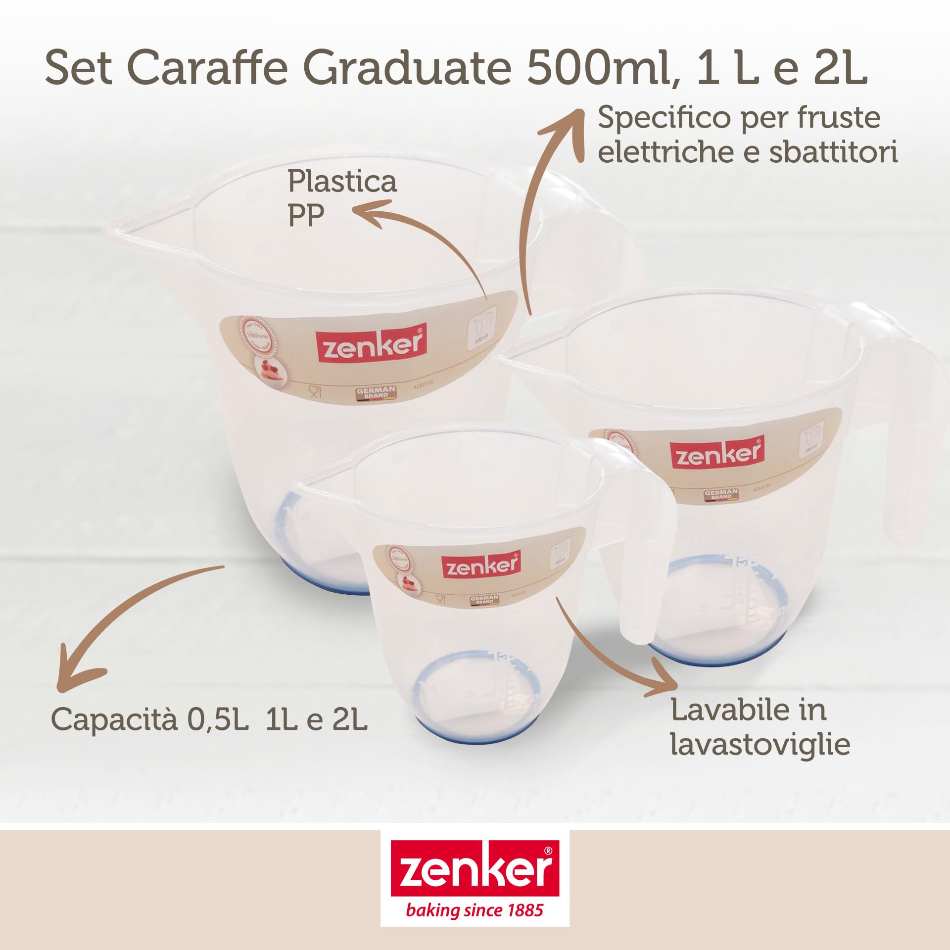 Zenker Set 3 Caraffe Graduate in Plastica Alimentare Trasparente - 0.5 Litri, 1 Litro e 2 Litri - Brocche da Cucina Resistenti al Calore per Misurare Liquidi, Impasti, Cottura