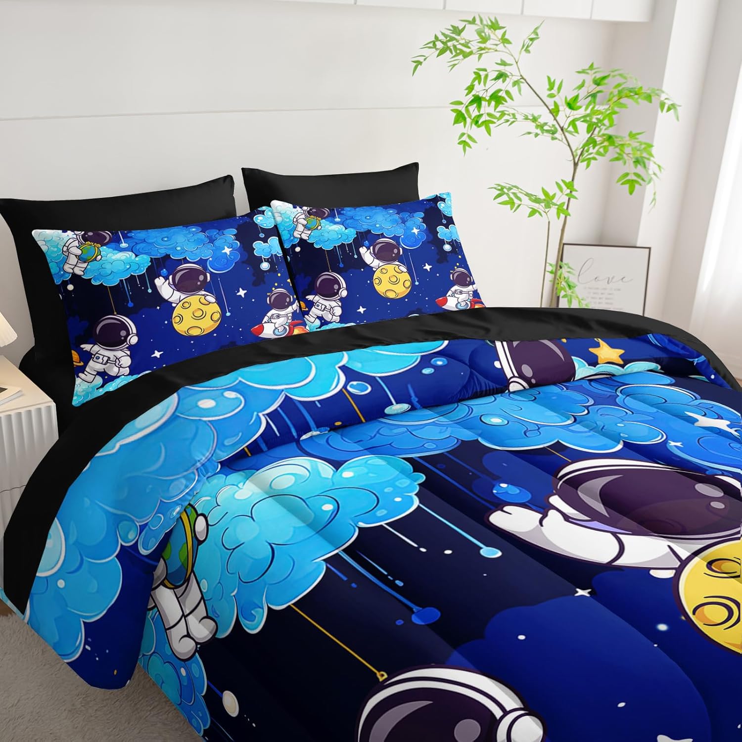 7 Piece Blue Queen Comforter Set for Boys Astronaut，Space Themed Queen Bedding Set，(1 Comforter, 1 Flat Sheet, 1 Fitted Sheet, 2 Pillowcase and 2 Pillow Sham)