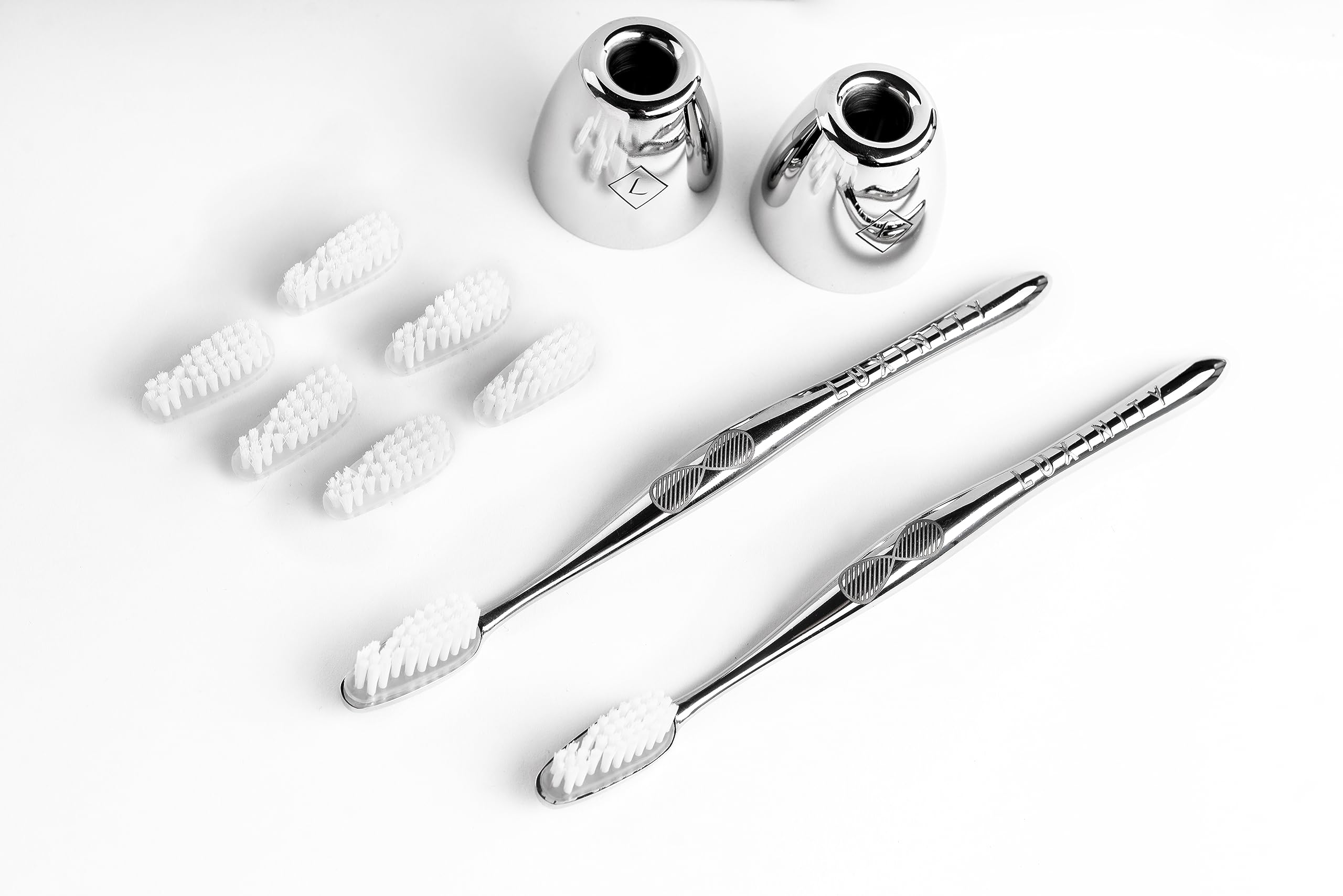 Spazzolino da denti manuale in acciaio inox con testina sostituibile, set iniziale con 1 testina di setola media lucida con incisione antiscivolo