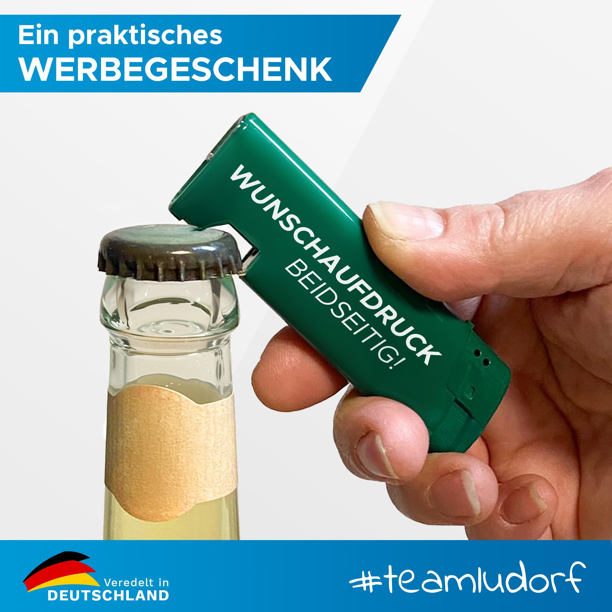 100 Stück Schwarze Feuerzeuge mit Flaschenöffner - Nachfüllbar, robust, personalisiert mit eigenem Logo - Perfekt für Hochzeiten, Messen, Events & als Werbegeschenke