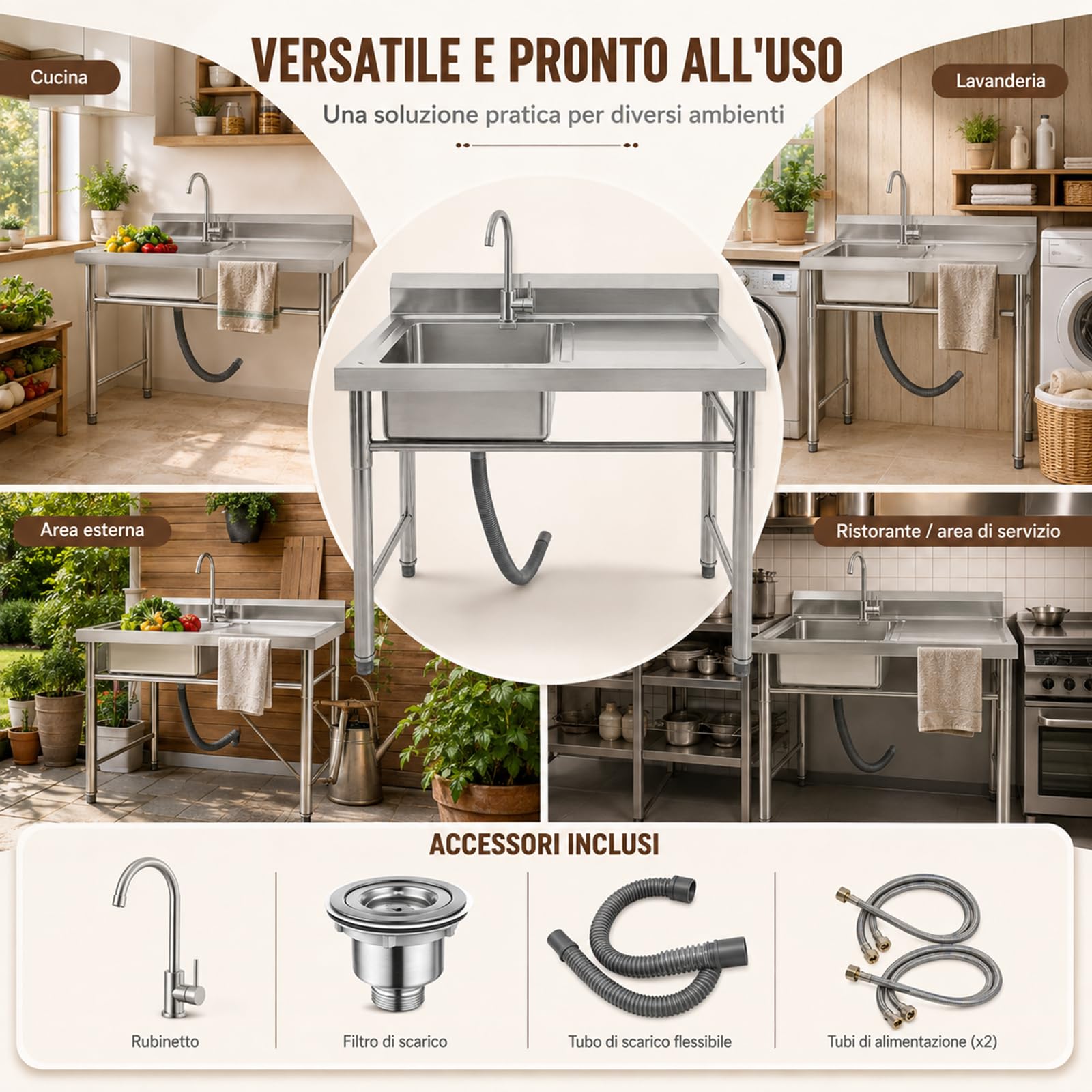 Lavello Inox Professionale 100x60x93 cm Vasca Sinistra e Rubinetto | Vasca sinistra con piano laterale, rubinetto 360°, scarico filtrato, piedini regolabili, struttura stabile fino a 200 kg