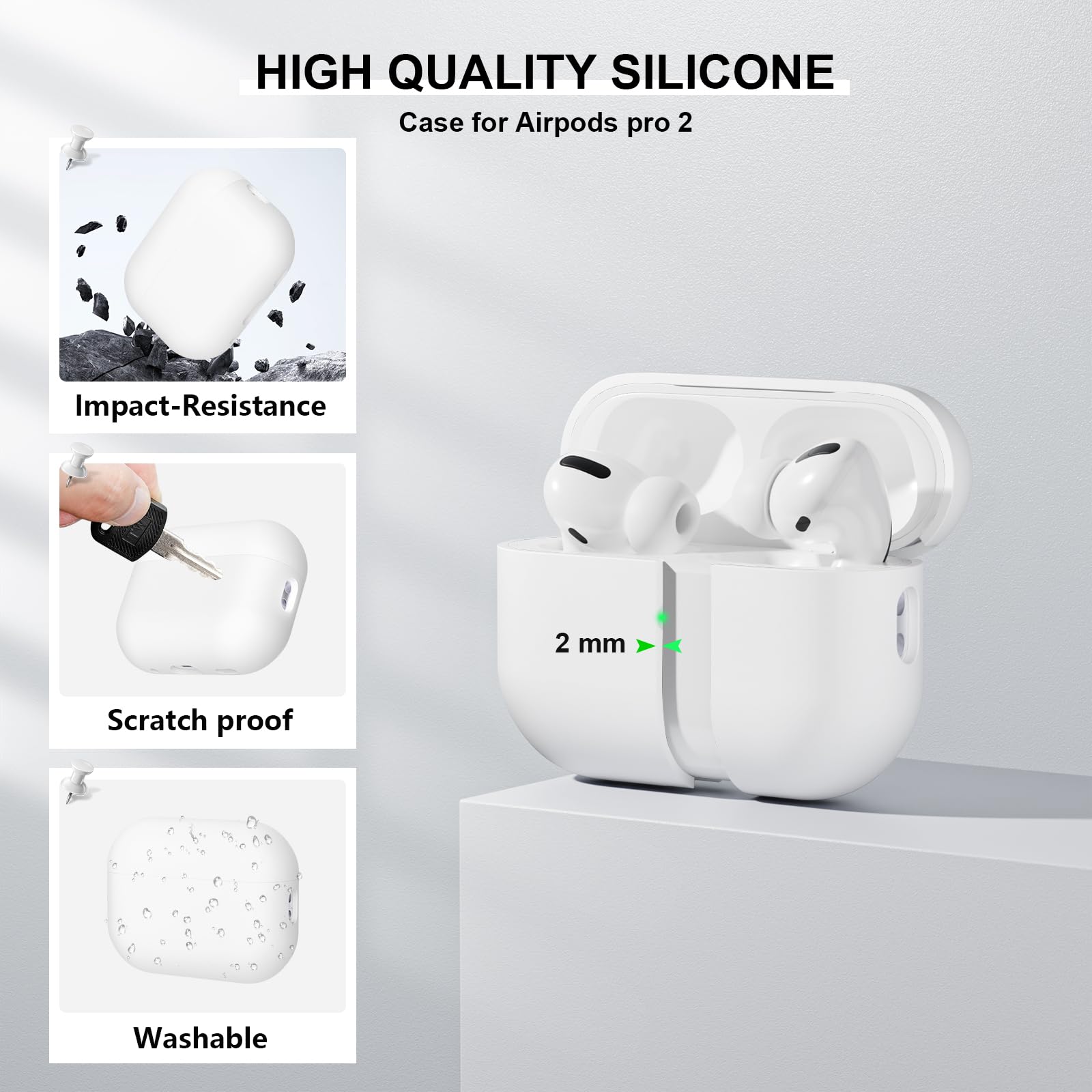 Compatible con Airpods Pro 2 (2022), Anti-rasguños Ultradelgada Fundas Protectora de Silicona para AirPods Pro 2.ª Generación, LED Visible Frontal (Blanco) - 4