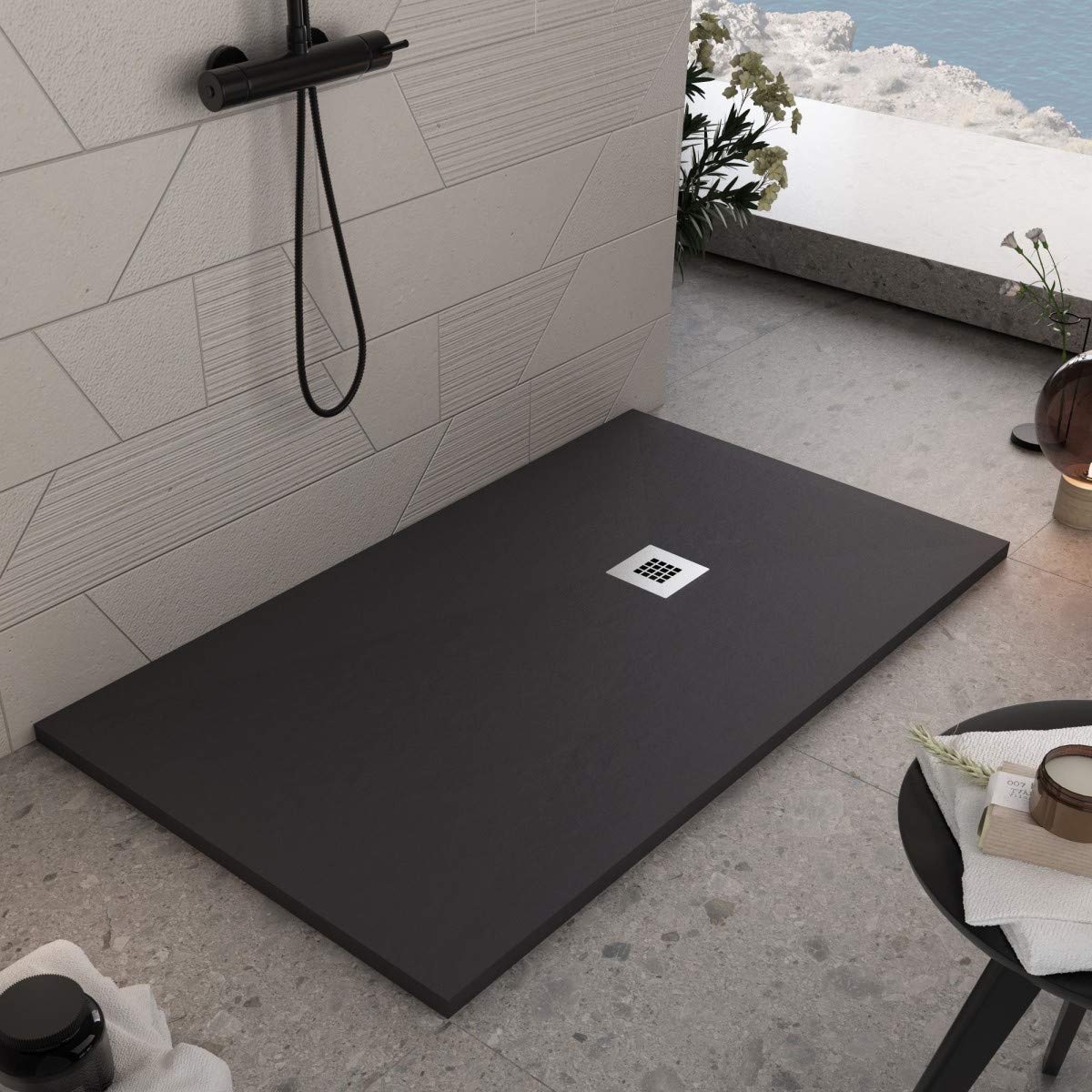 Luminosa ArredoBagno Piatto Doccia Marmoresina 70x140 - Effetto Pietra Antiscivolo con GELCOAT - Modello MARMOTEK Colore Nero - Griglia in Acciaio e piletta Incluse