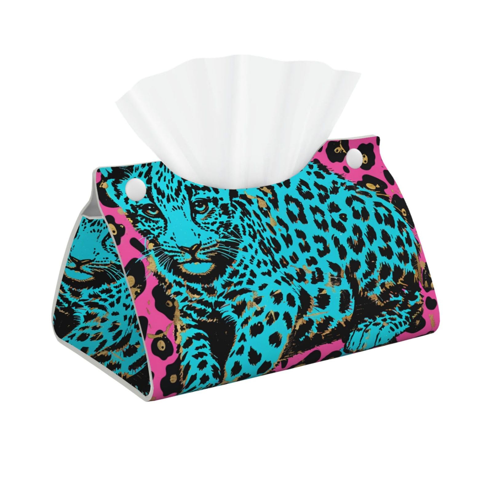 Cute Turquoise Leopard Print Tissue Box Cover Foldable Tissue Storage Box Leather Tissue Cube Box Holder for Living Room Bedroom Office Car Home Decor