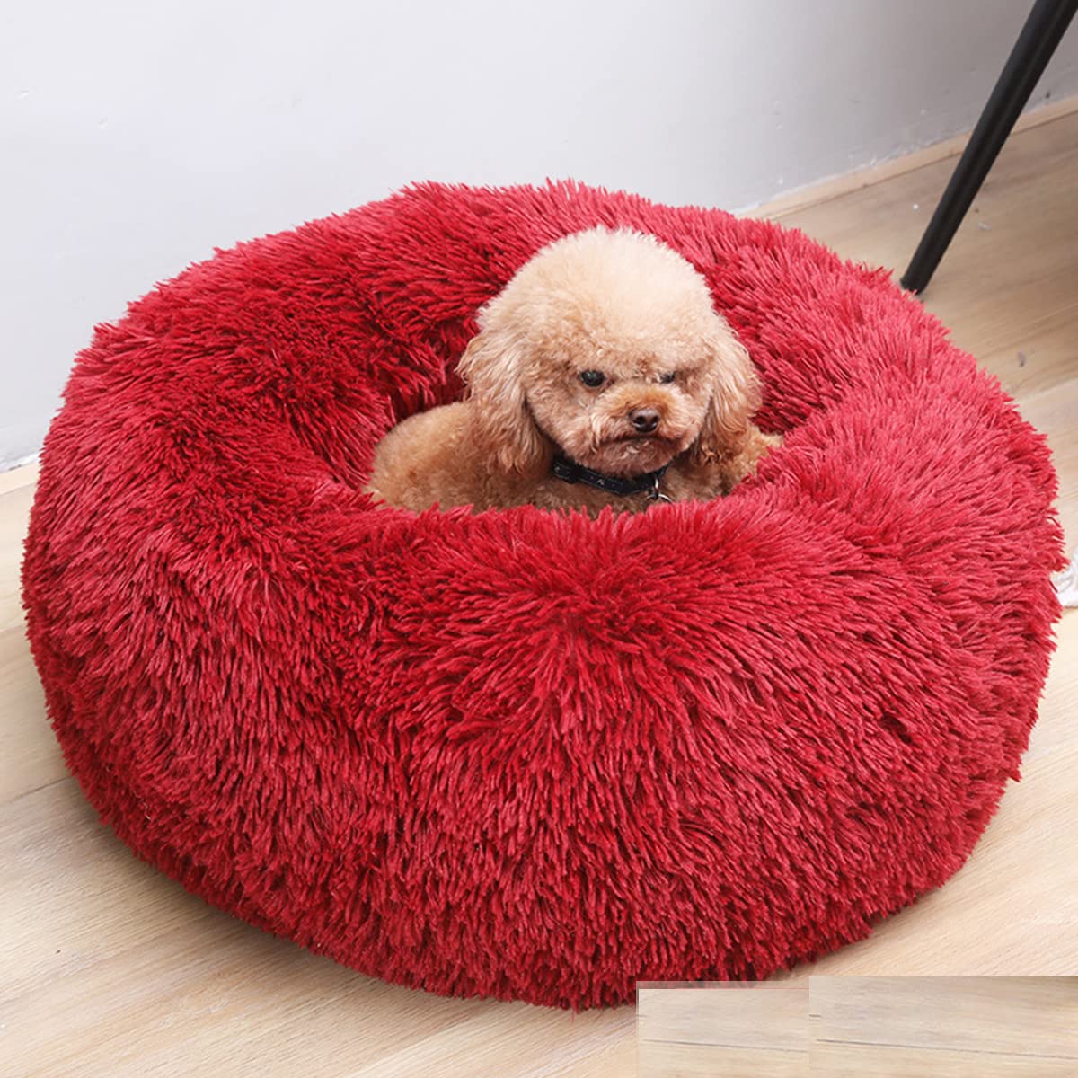 Calming Dog Bed & Cat Bed, Anti-Anxiety Donut Warming Cozy Soft Dog Round Bed, Fluffy Faux Plush Dog Cat Cushion Bed for large Small Medium Dogs and Cats diameter16in