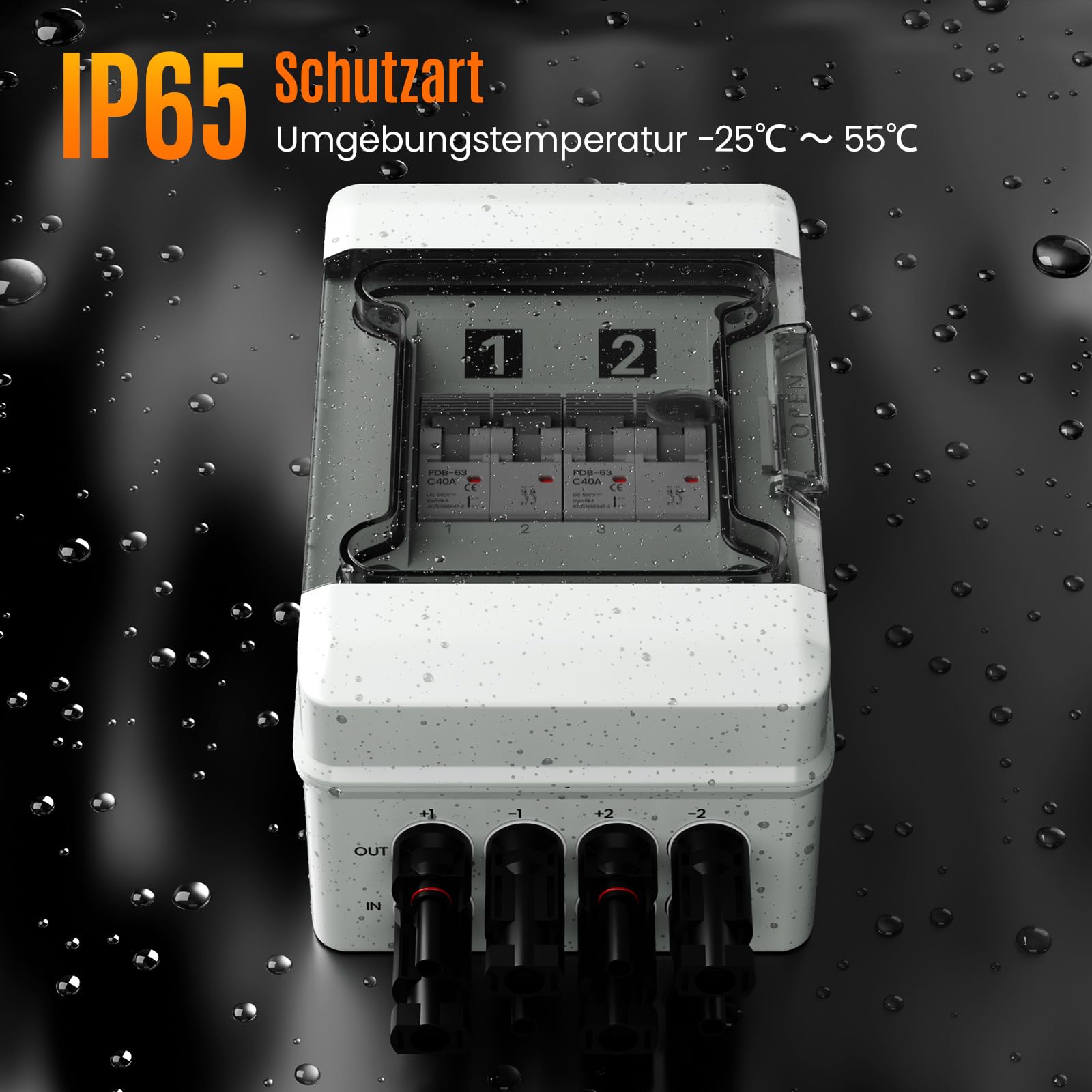DC Trennschalter PV Anlage 500V 2 String, IP65 Wasserdichte Solar Combiner Box mit 2 polig 40A Leitungsschutzschalter, Kurzschluss- & Überstromschutz（2 in 2 out）