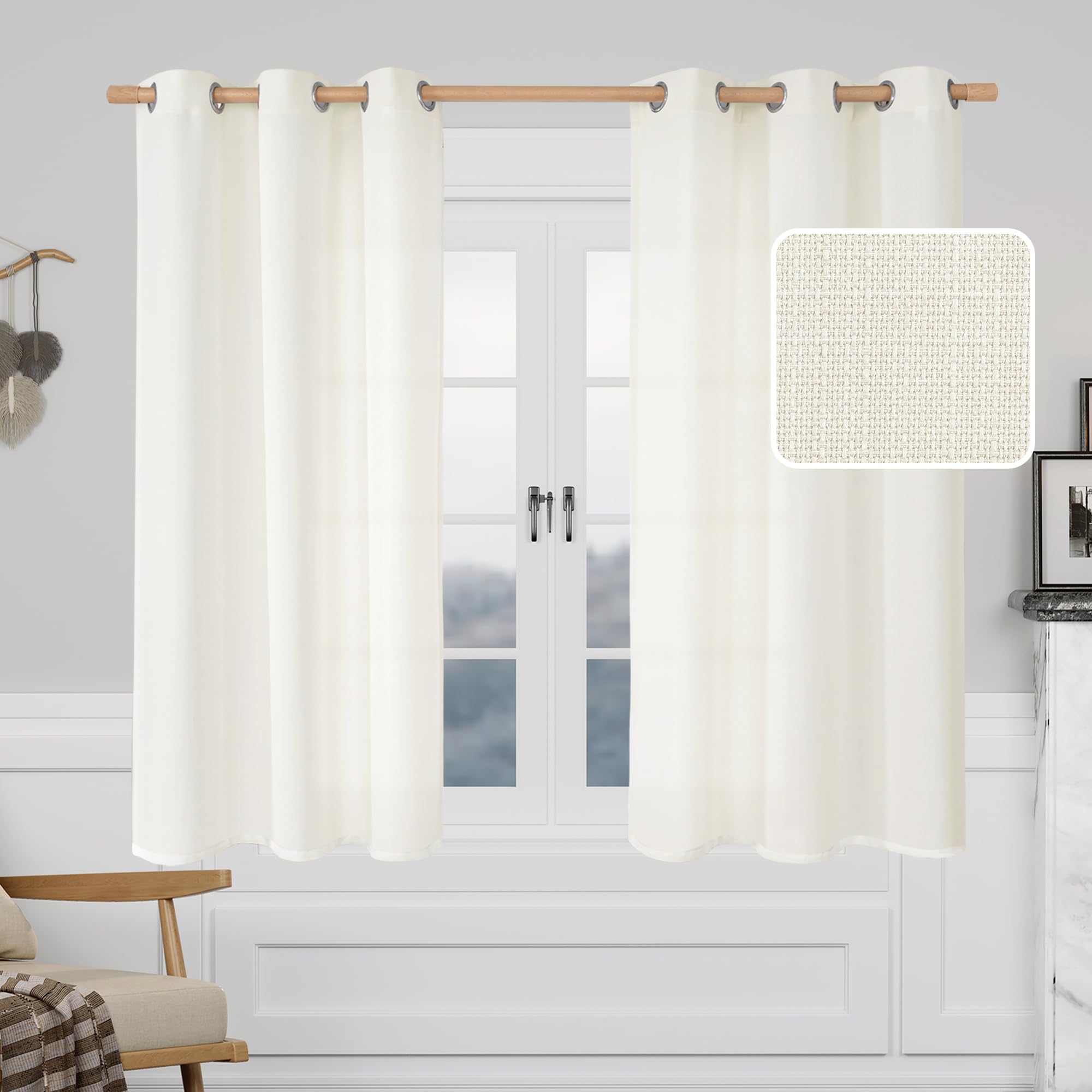 LAMIT Cream White Linen Curtains 54 Inch Length for Bedroom, 2 Panels